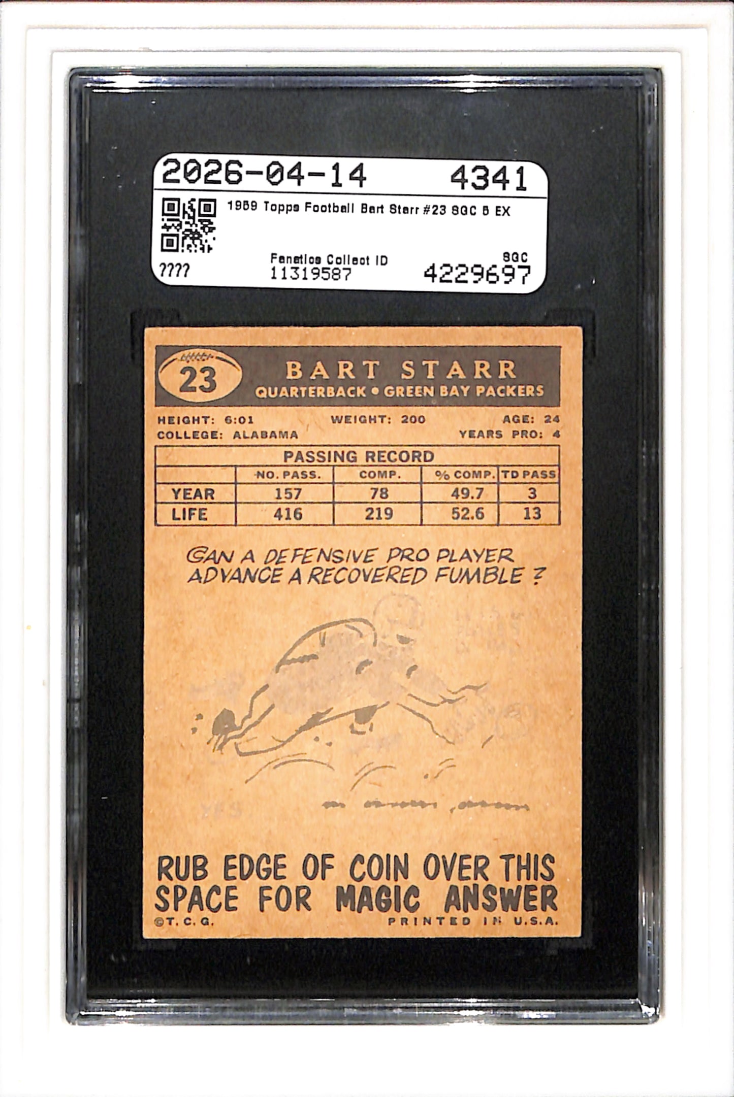 1959 Topps #23 Bart Starr SGC 5 SN 4229697