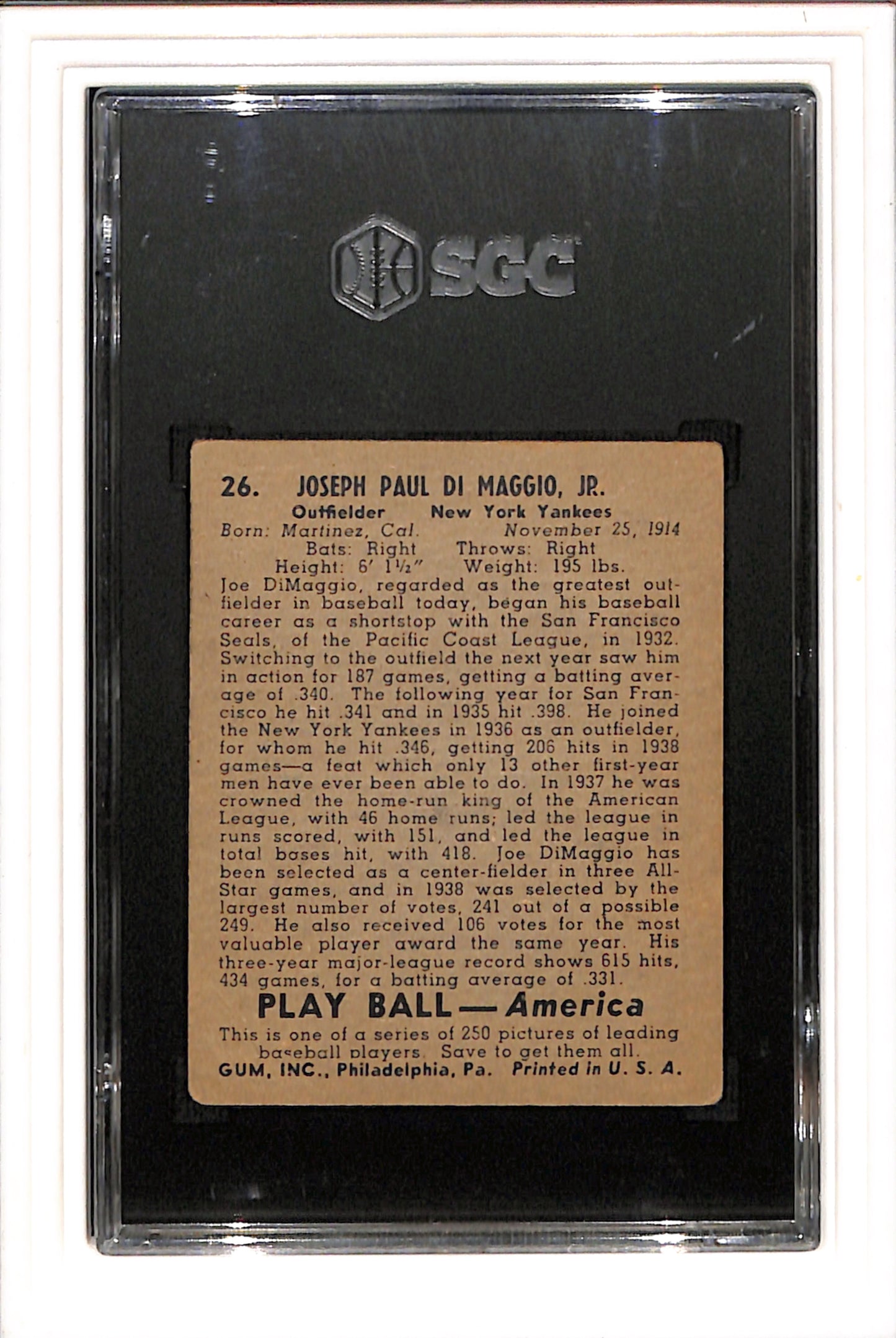 1939 Playball #26 Joe Dimaggio SGC 2 SN 7136530