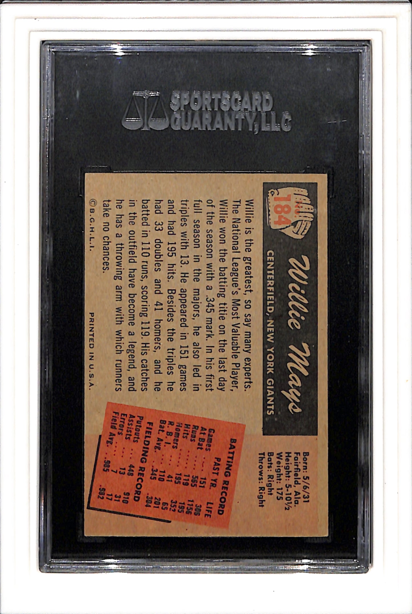 1955 Bowman #184 Willie Mays SGC 4