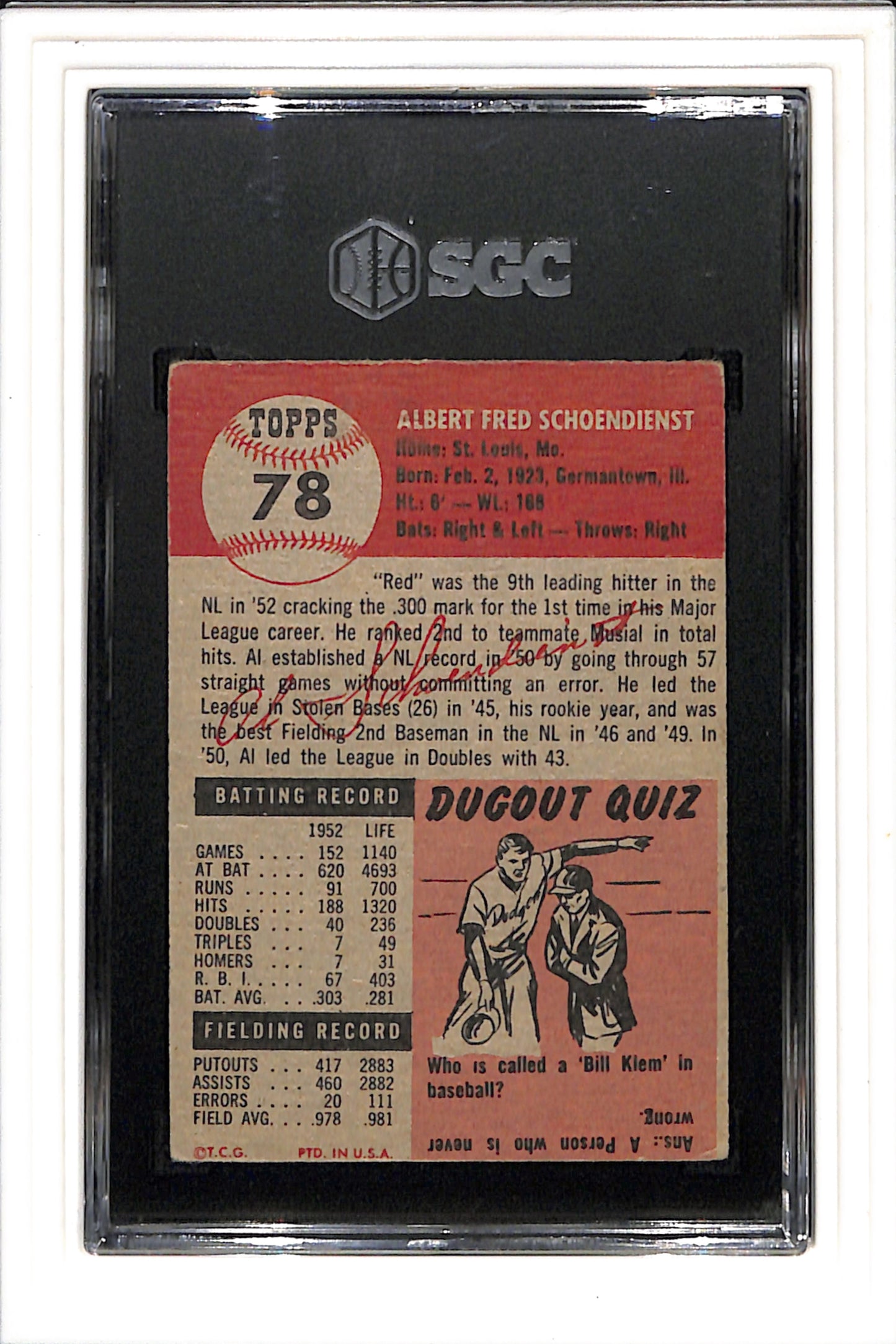 1953 Topps #78 Red Schoendienst SGC 3 SN 6987948