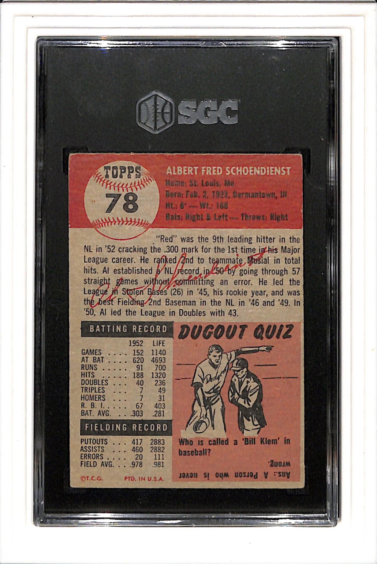 1953 Topps #78 Red Schoendienst SGC 3 SN 5587540