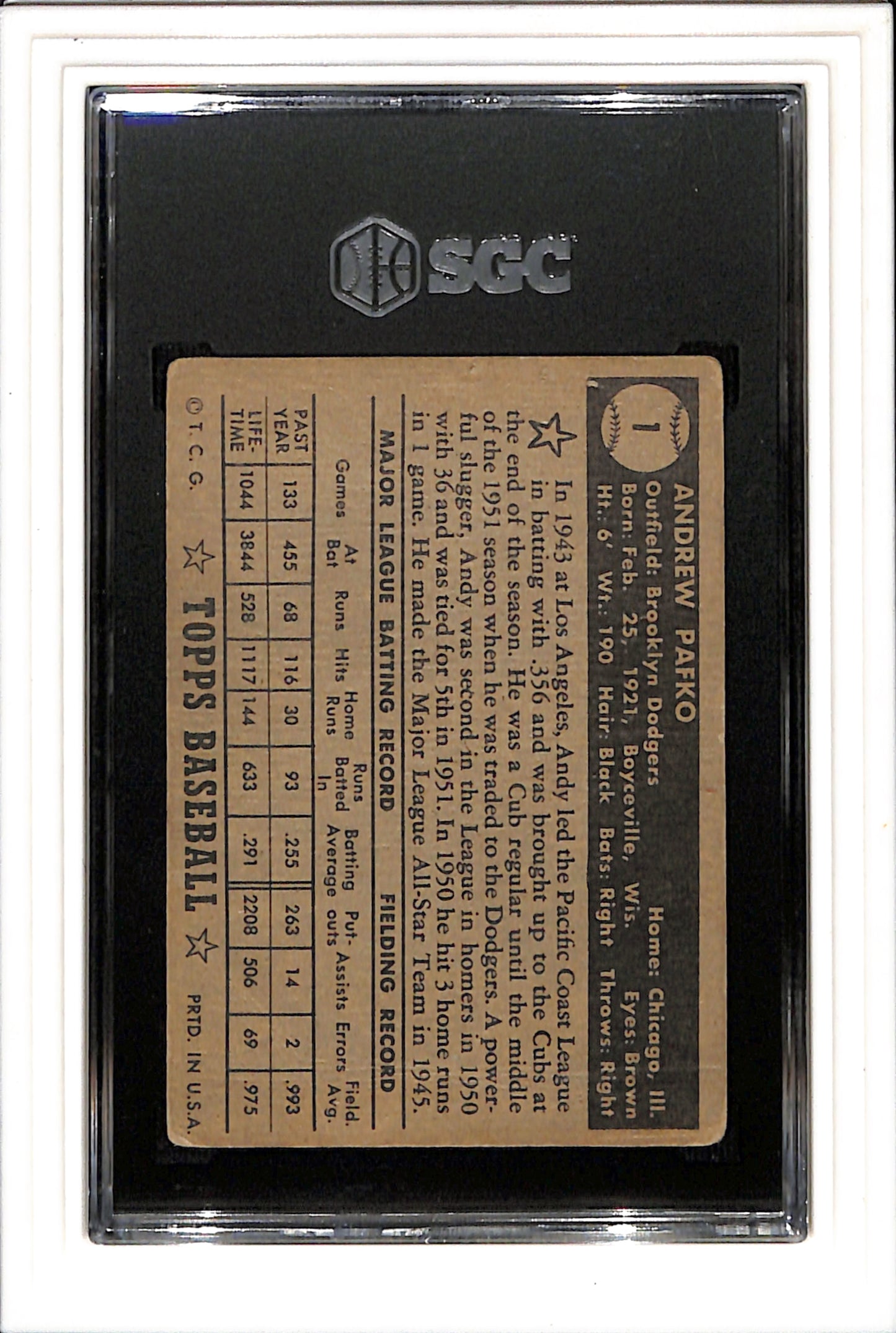 1952 Topps #1 Andy Pafko Black Back SGC 1.5 SN 4976573
