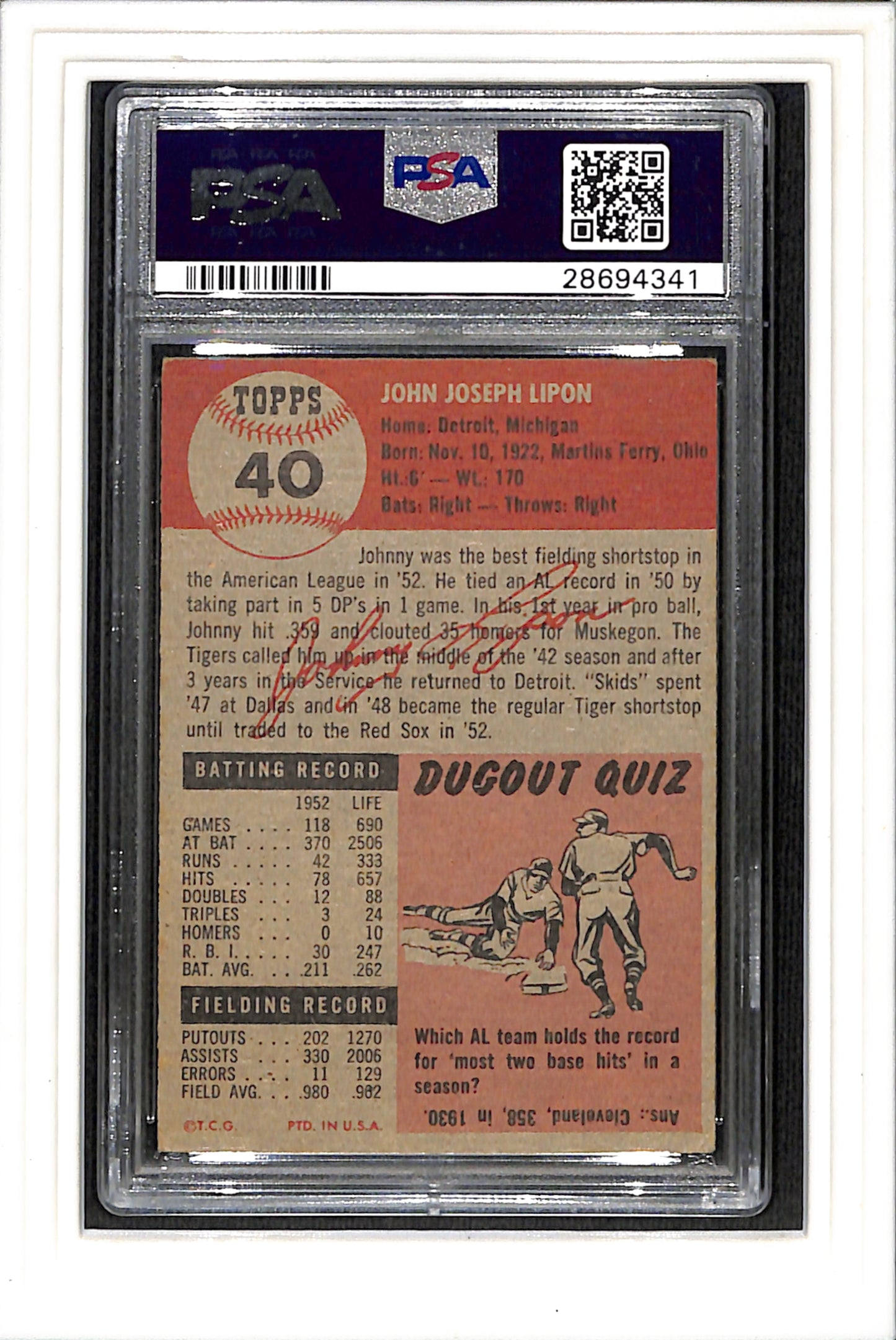 1953 Topps #40 Johnny Lipon - Boston Red Sox PSA 4 SN 28694341