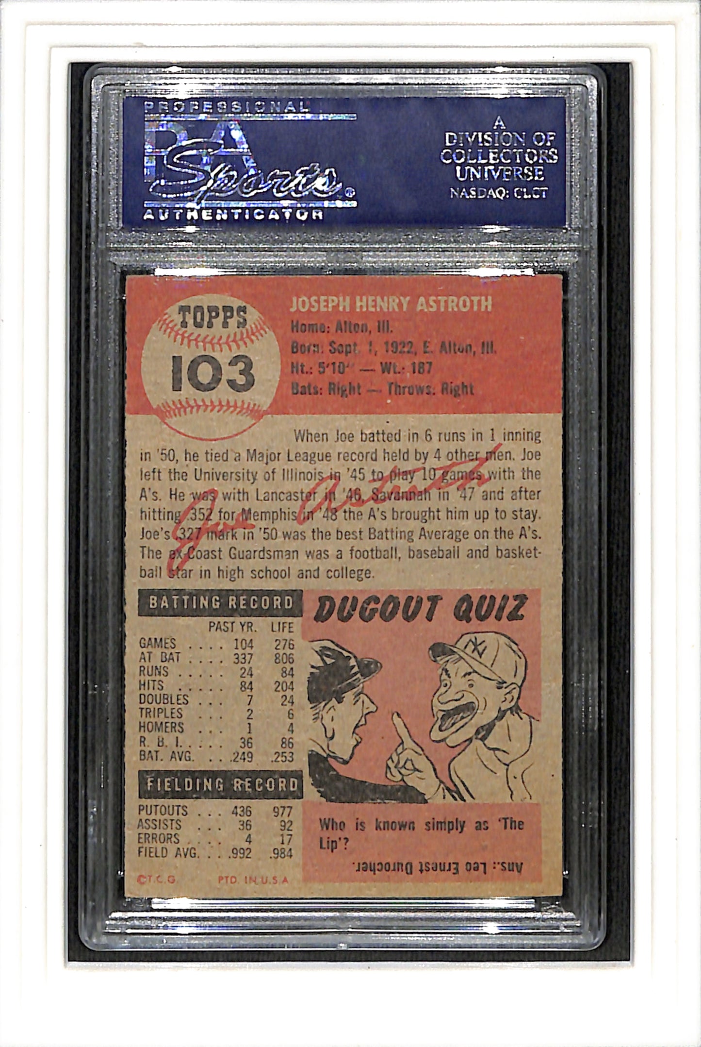 1953 Topps #103 Joe Astroth - Philadelphia Athletics PSA 4.5 SN 24040862