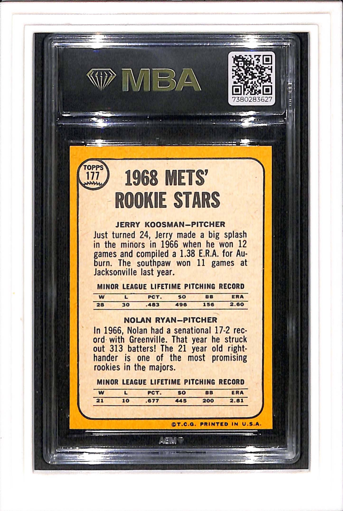 1968 Topps #177 Nolan Ryan RC MBA 3 SN 7380283627 Undergraded