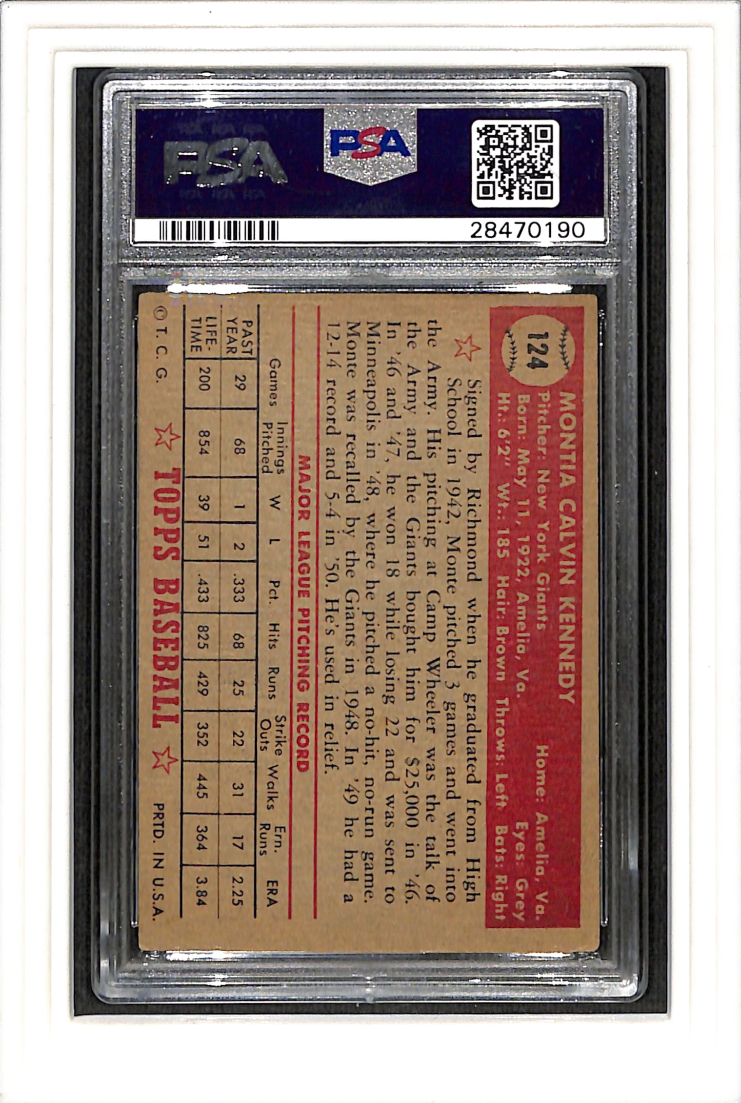 1952 Topps #124 Monte Kennedy PSA 4 SN 28470190