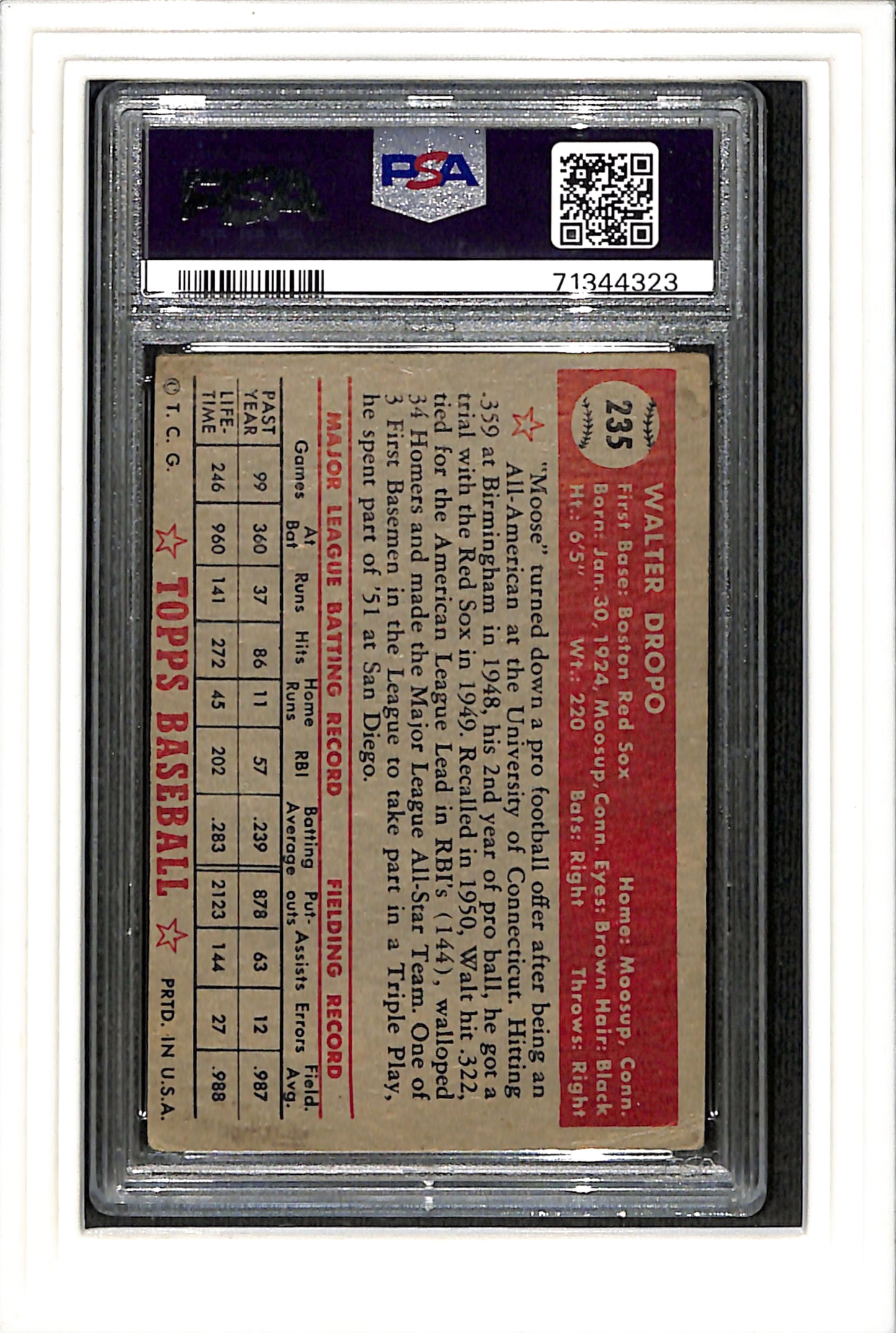 1952 Topps #235 Walt Dropo PSA 2 SN 71344323