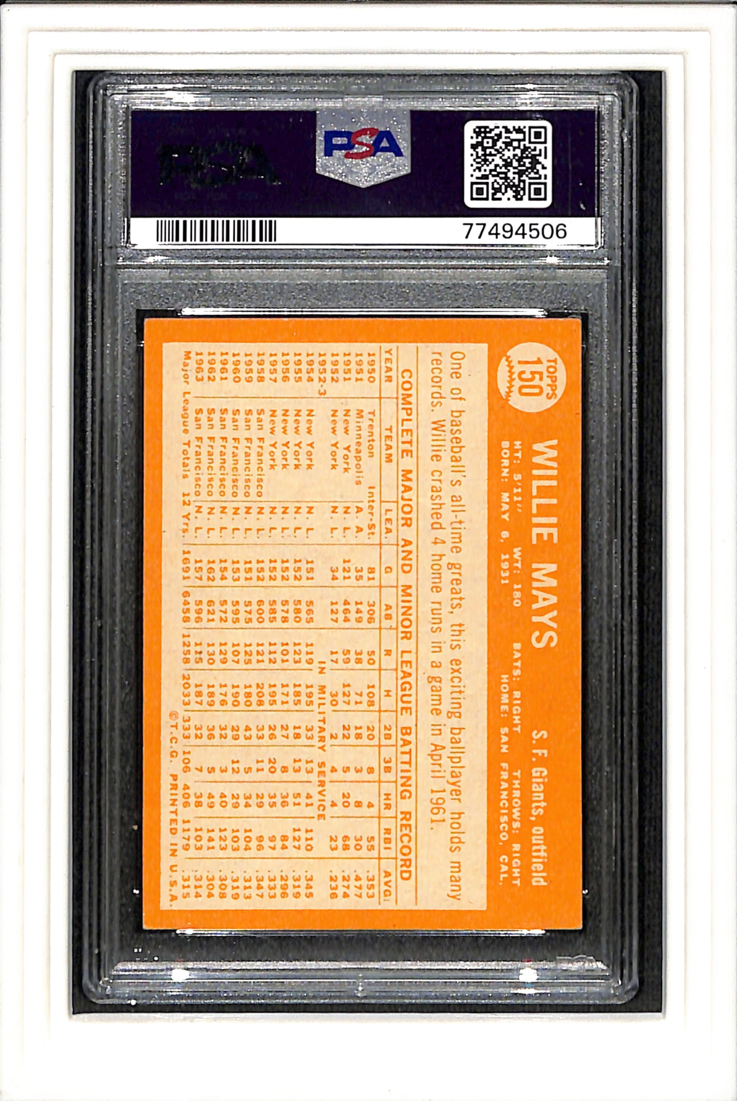 1964 Topps #150 Willie Mays PSA 4 SN 77494506