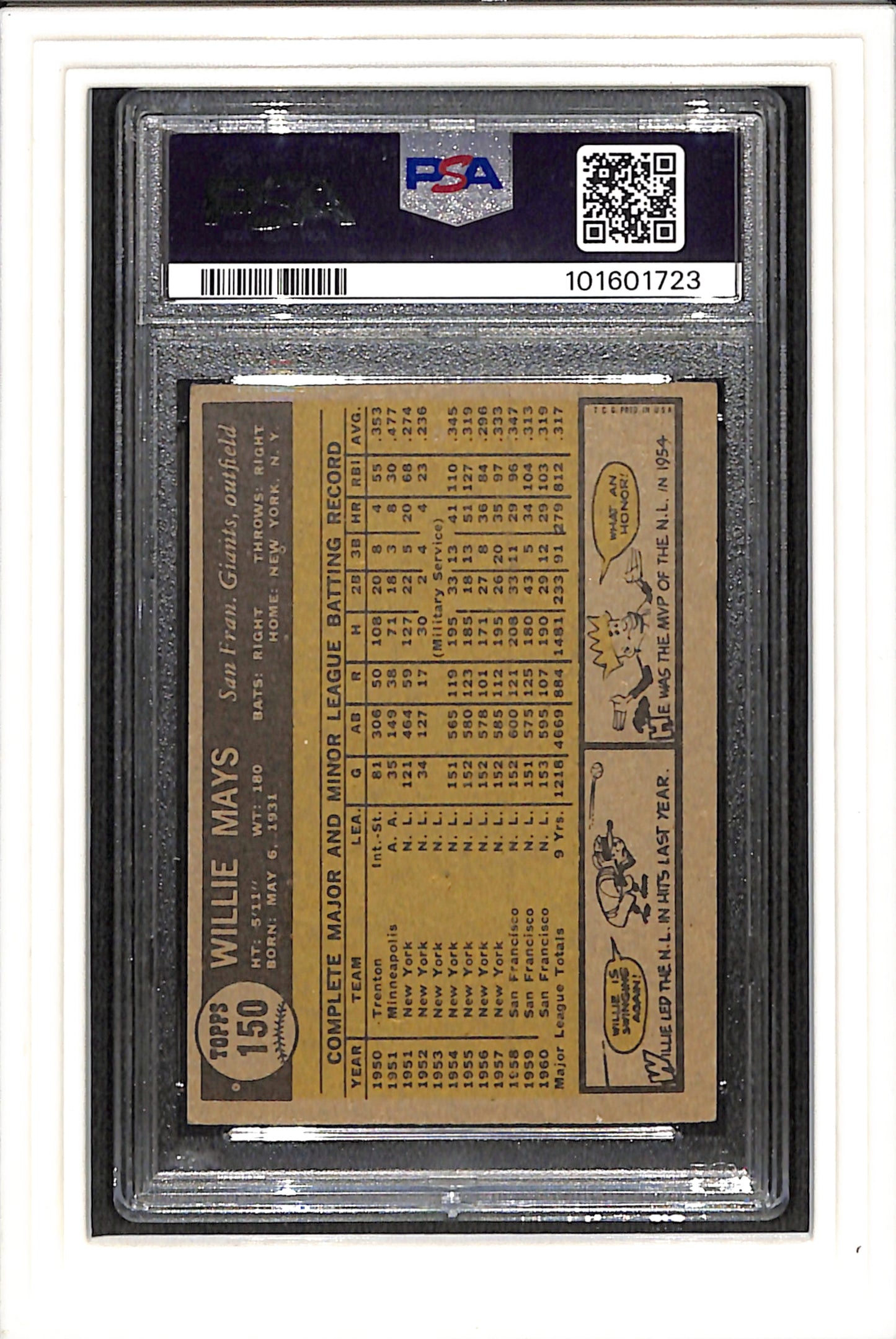 1961 Topps #150 Willie Mays PSA 4 SN 101601723
