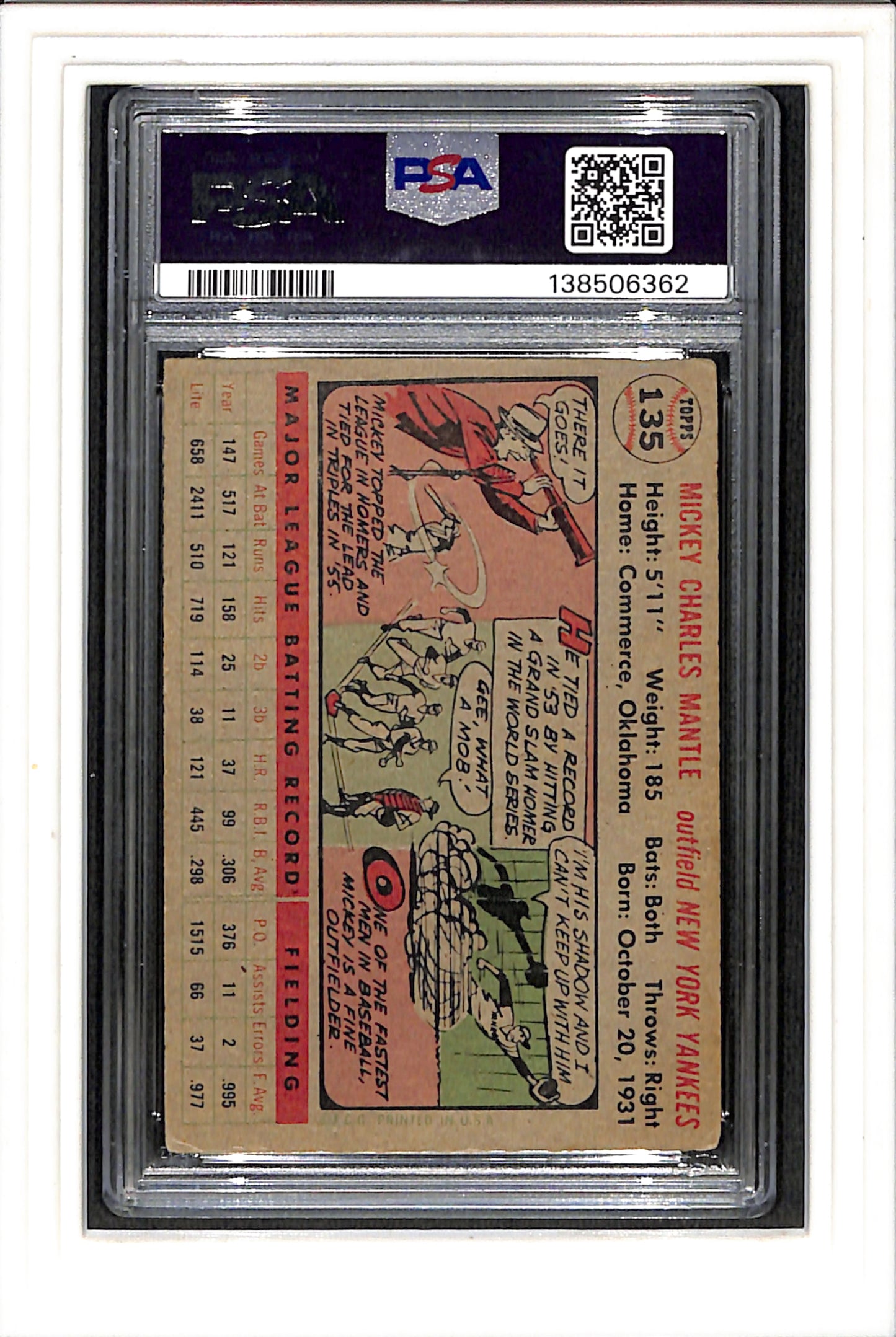 1956 Topps #135 Mickey Mantle Gray Back PSA 2 SN 138506362