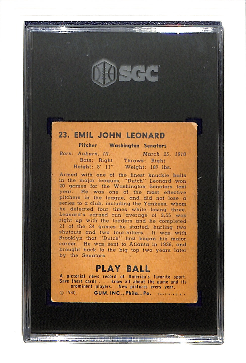 1940 Playball #23 "Dutch" Leonard SGC 2.5 SN 2428953