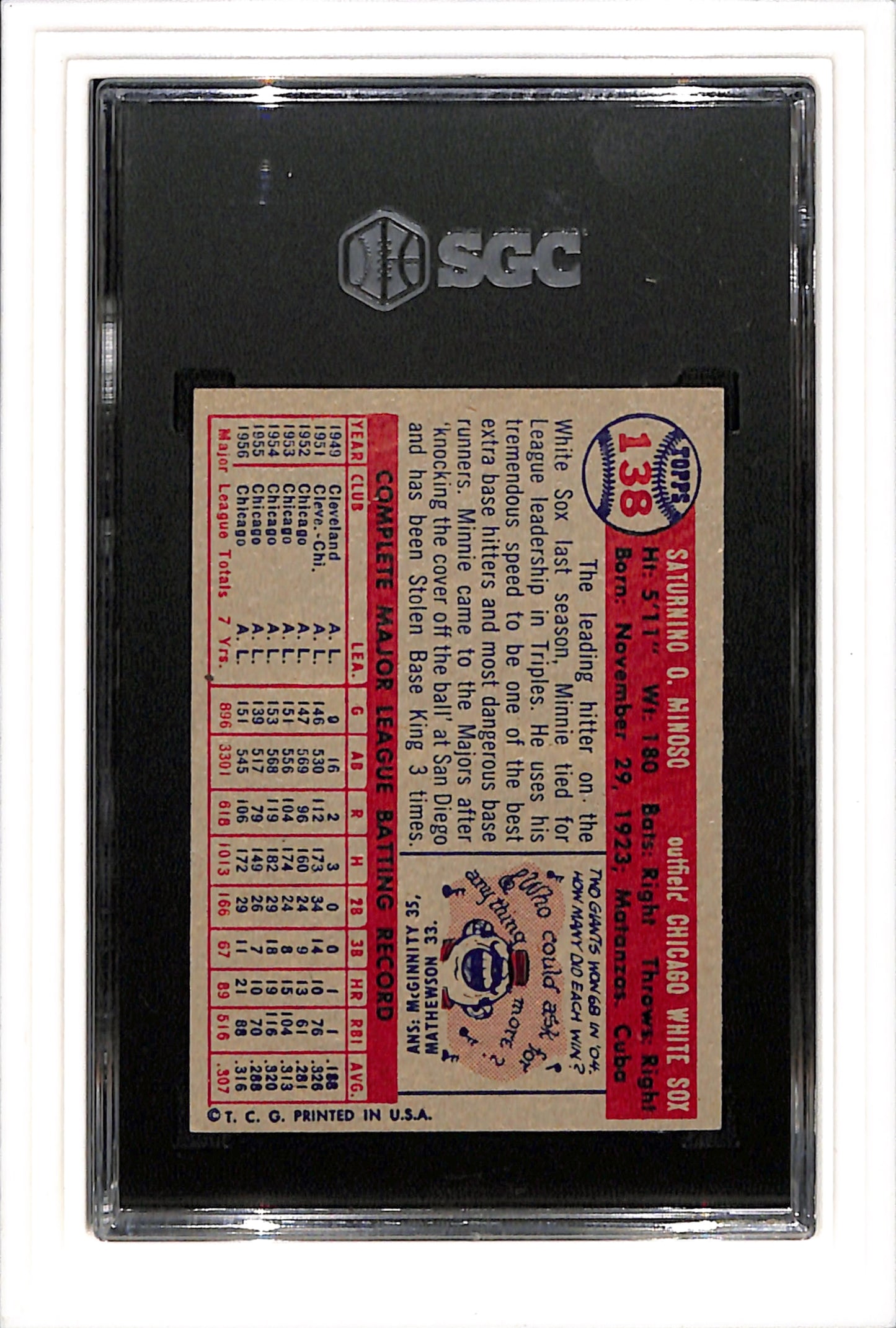 1957 Topps #138 Minnie Minoso SGC 6 SN 3995483