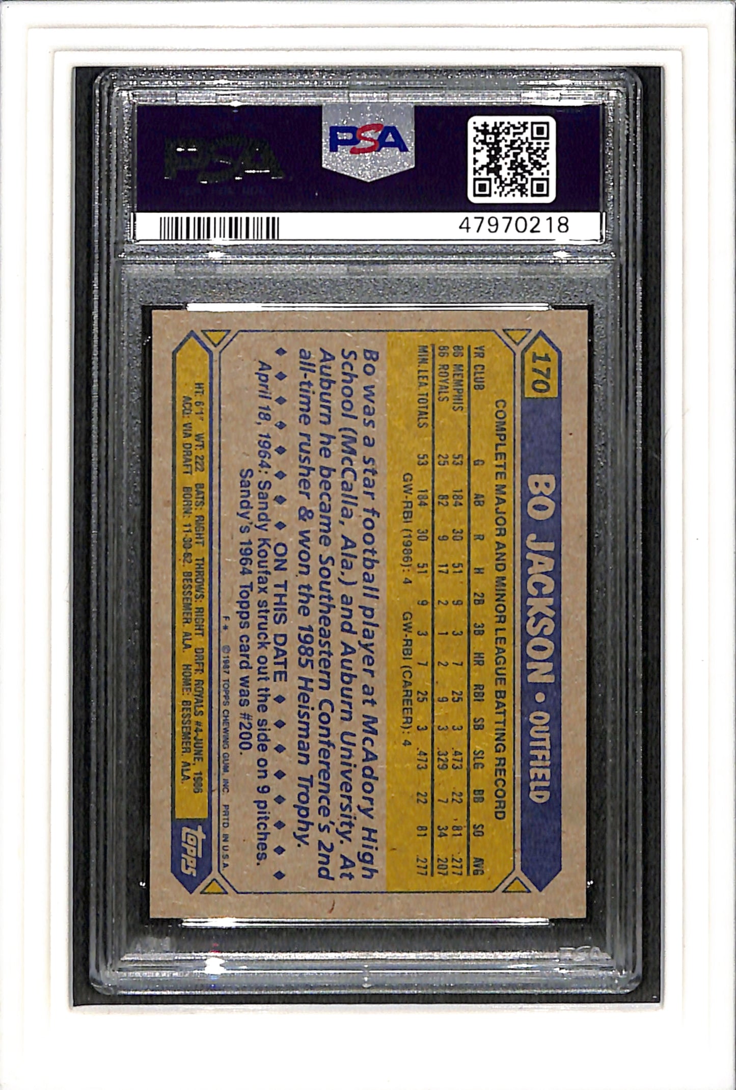 1987 Topps #170 Bo Jackson Future Stars PSA 10 SN 47970218