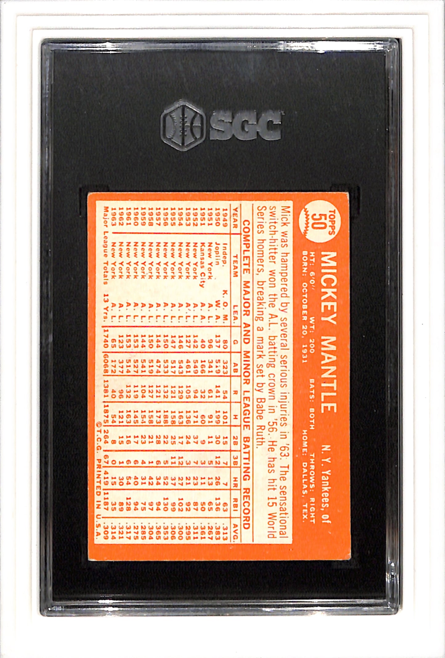 1964 Topps #50 Mickey Mantle SGC 4 SN 3133760