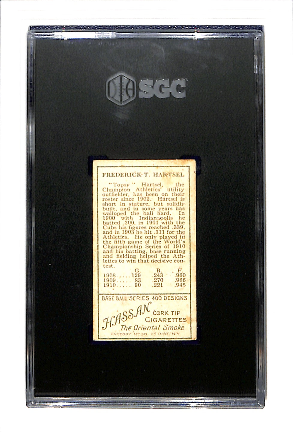1911 T205 Topsy Hartsel SGC 1 Philadelphia Hassan Back