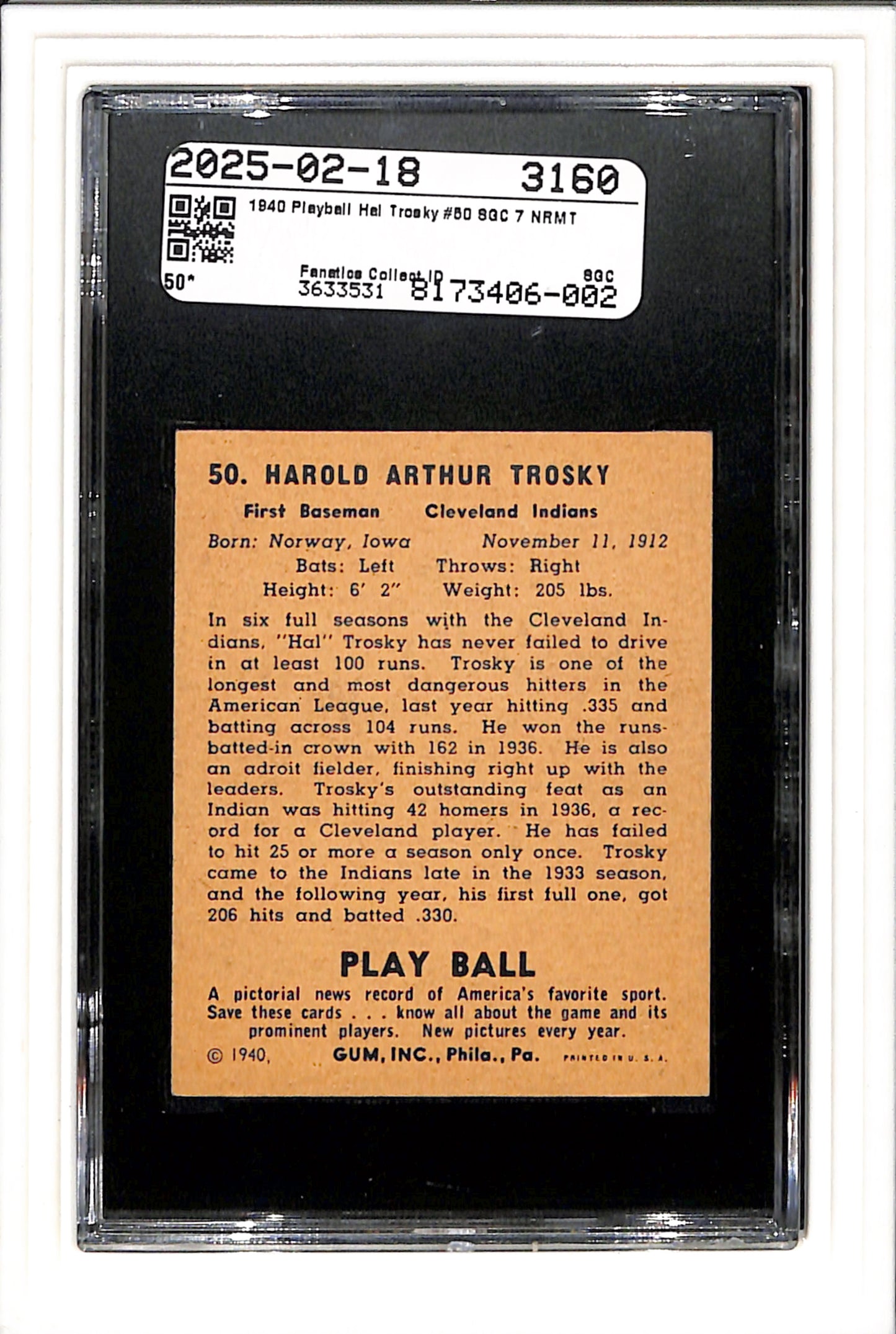 1940 Play Ball #50 Hal Trosky SGC 7