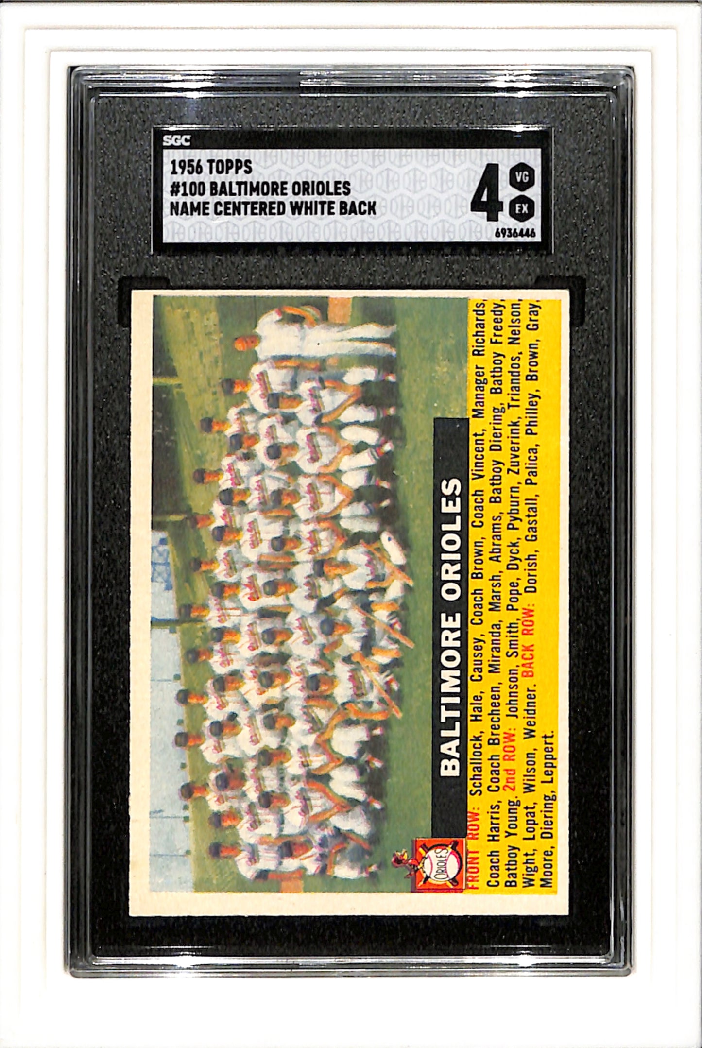1956 Topps #100 Baltimore Orioles Name Centered White Back SGC 4 SN 6936446