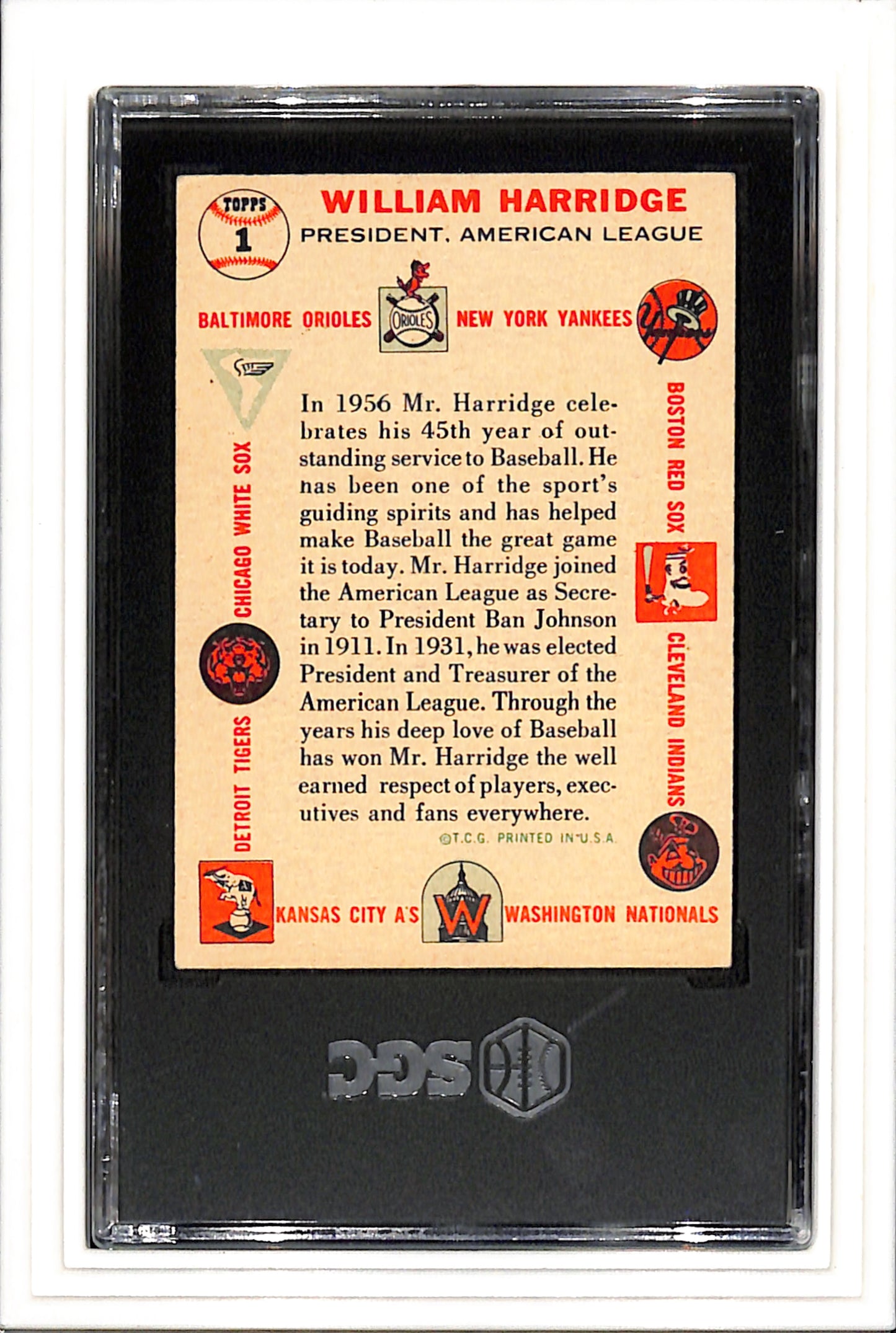 1956 Topps #1 William Harridge White Back SGC 5 SN 6489152