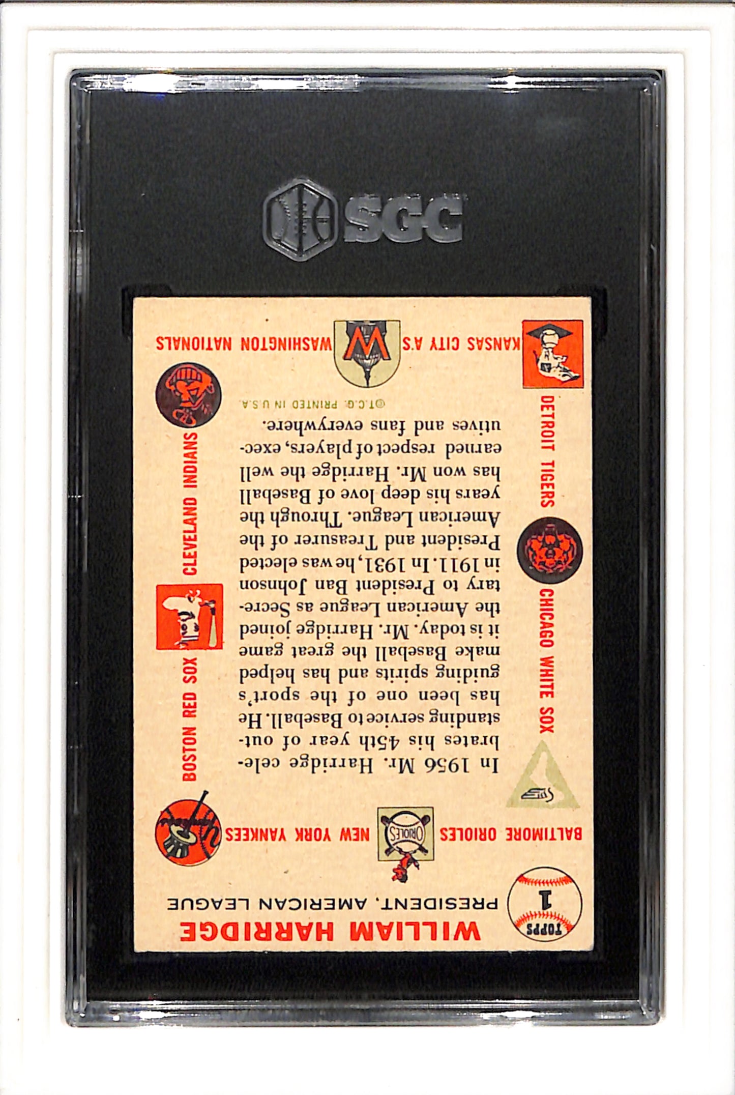 1956 Topps #1 William Harridge White Back SGC 4.5 SN 5219080