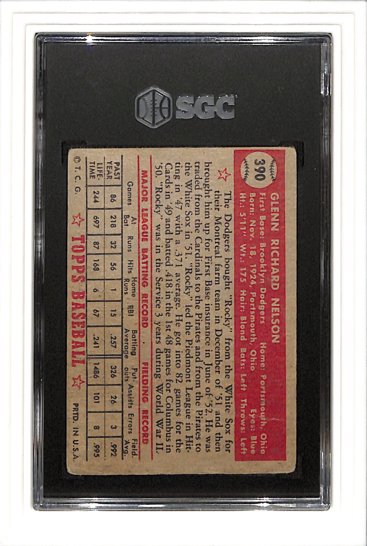 1952 Topps #390 Glenn Nelson SGC 1 SN 0473912