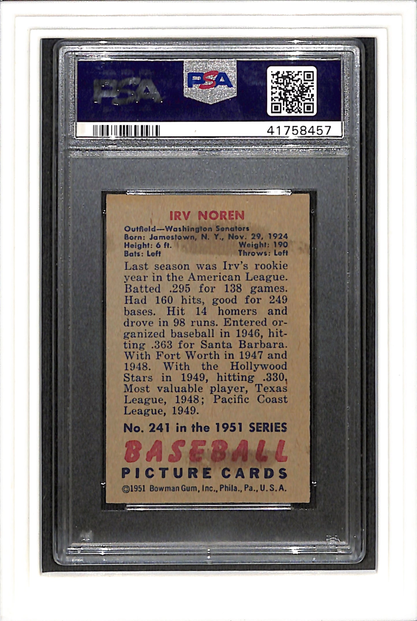 1951 Bowman #241 Irv Noren PSA 5 SN 41758457