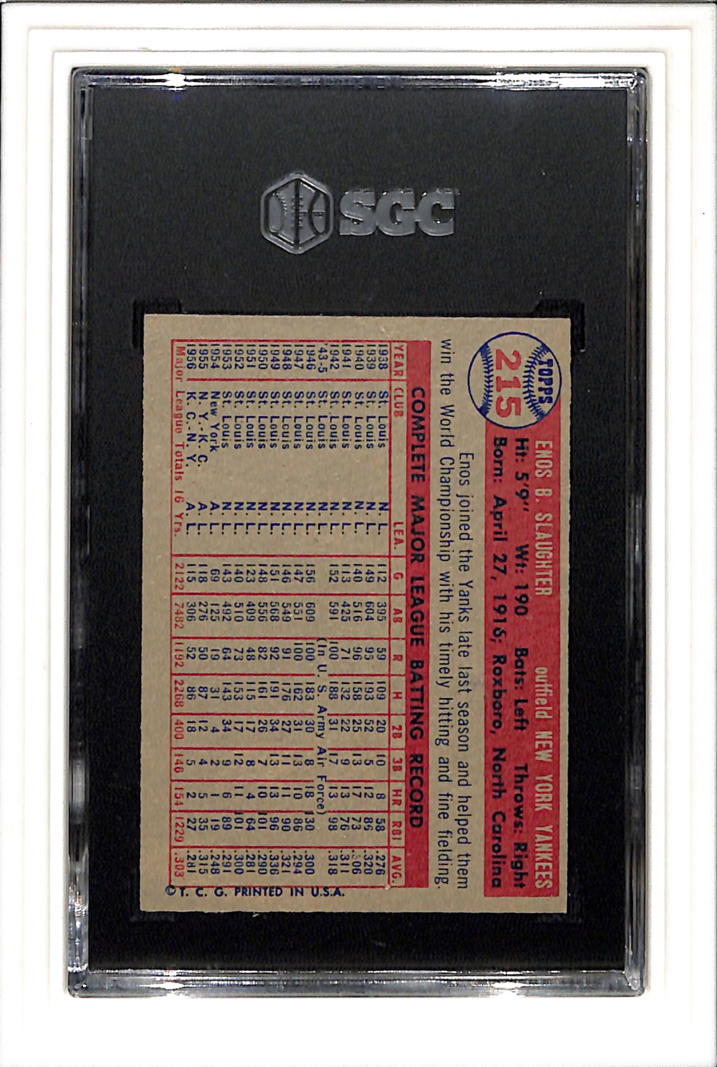 1957 Topps #215 Enos Slaughter SGC 7 SN 9294730