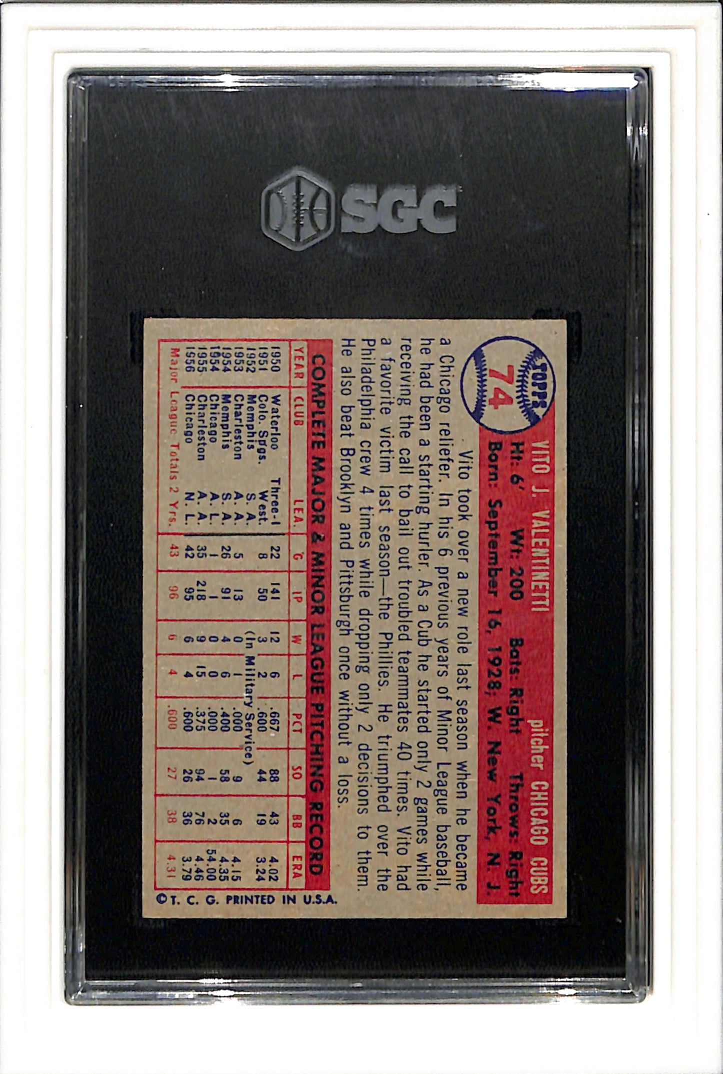 1957 Topps #74 Vito Valentinetti SGC 8 SN 9471921