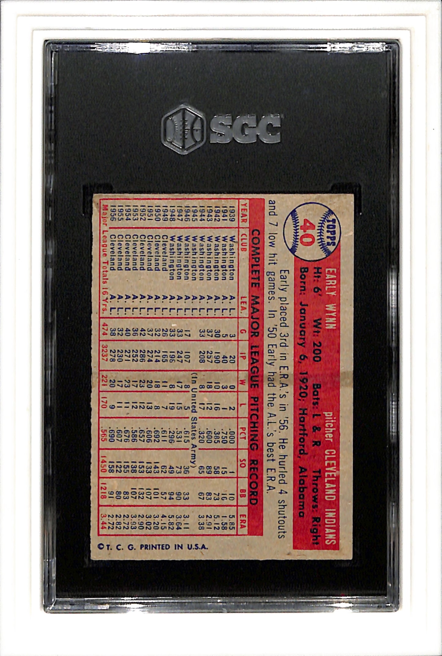 1957 Topps #40 Early Wynn SGC 6 SN 4749471