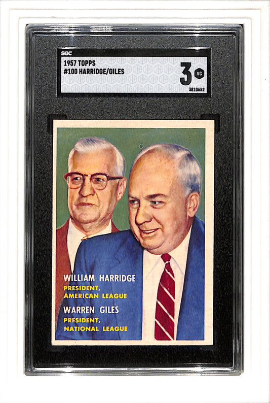 1957 Topps #100 Harridge/Giles SGC 3 SN 3810652 Really Sharp 3!