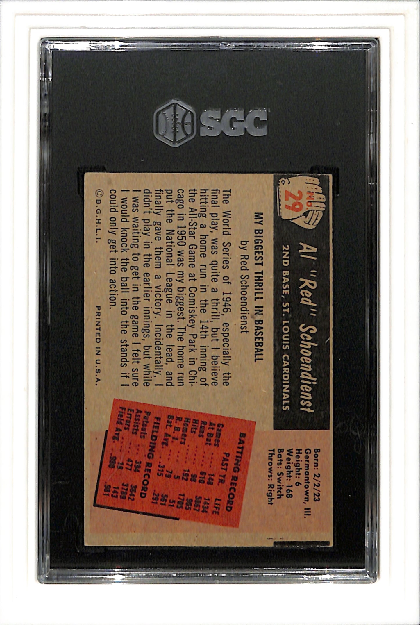 1955 Bowman #29 Red Schoendienst SGC 3 SN 3694556