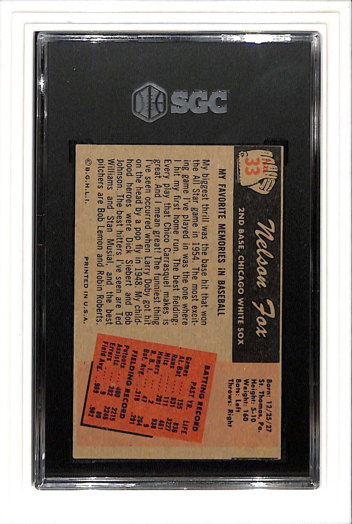 1955 Bowman #33 Nelson Nellie Fox SGC 5 SN 6505100
