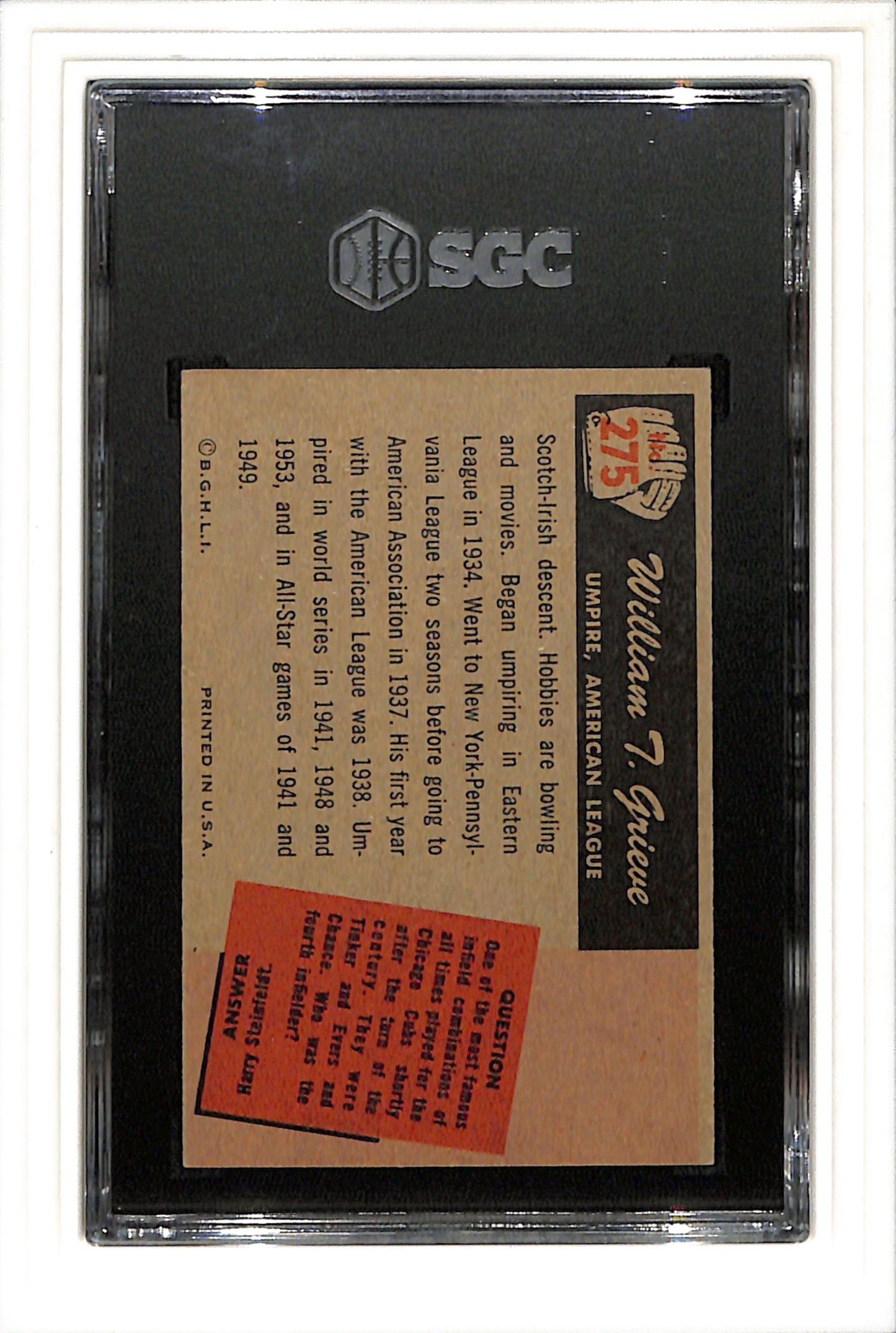 1955 Bowman #275 William T Greve SGC 5 SN 7940822