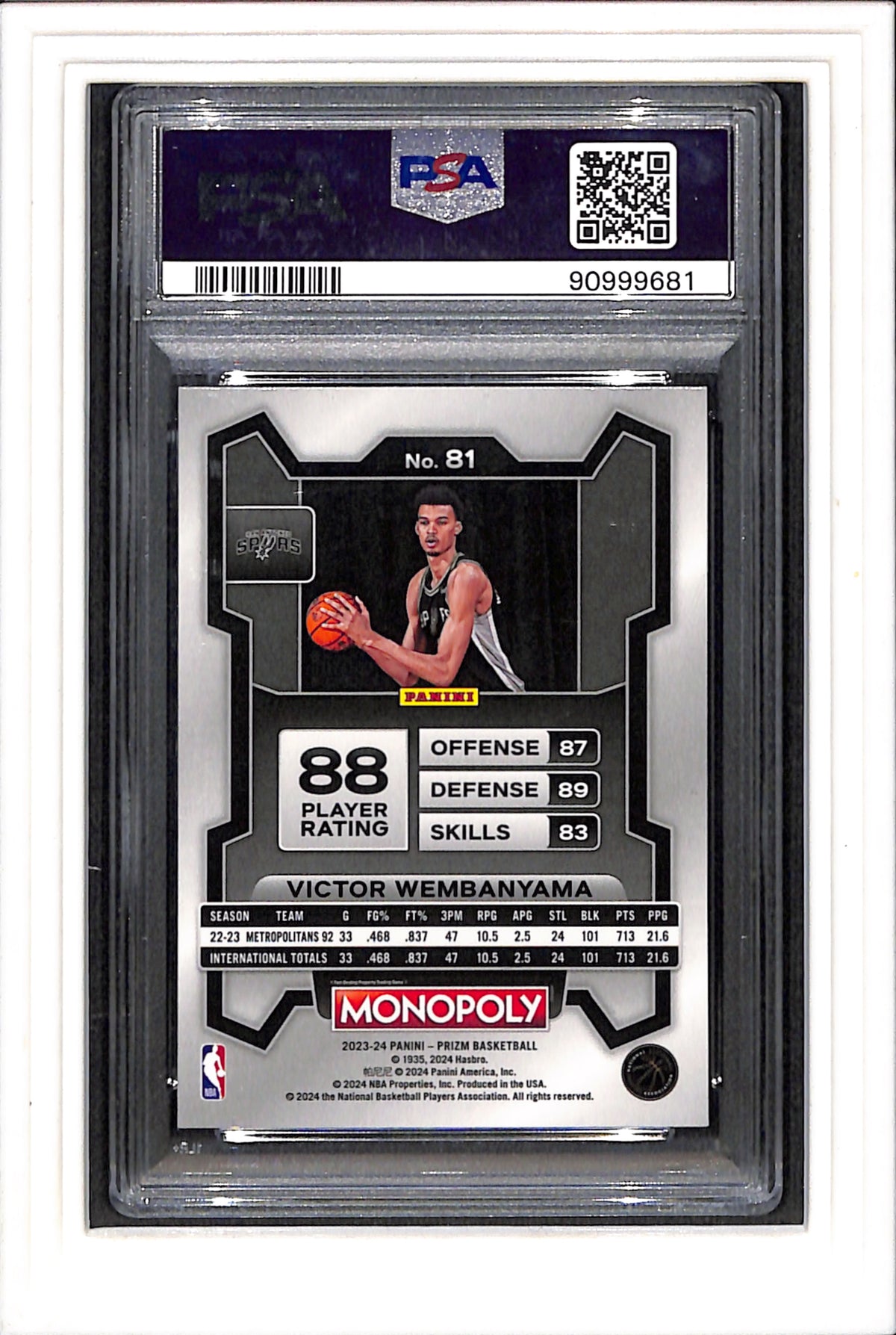 2023 Panini Prizm Monopoly #81 Victor Wembanyama PSA 6 SN 90999681