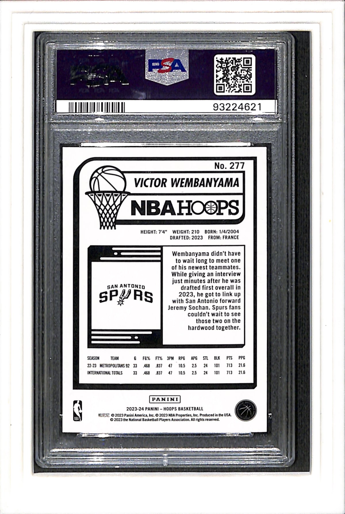 2023 Panini NBA Hoops #277 Victor Wembanyama Purple PSA 9 SN 93224621