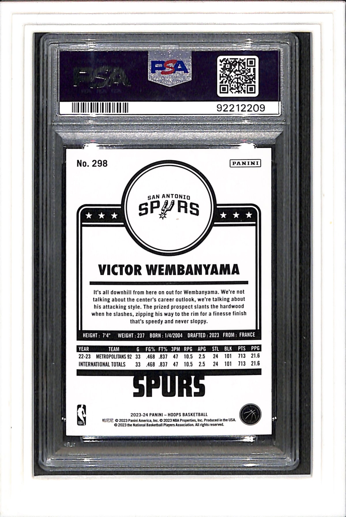 2023 Panini NBA Hoops #298 Victor Wembanyama Blue PSA 9 SN 92212209