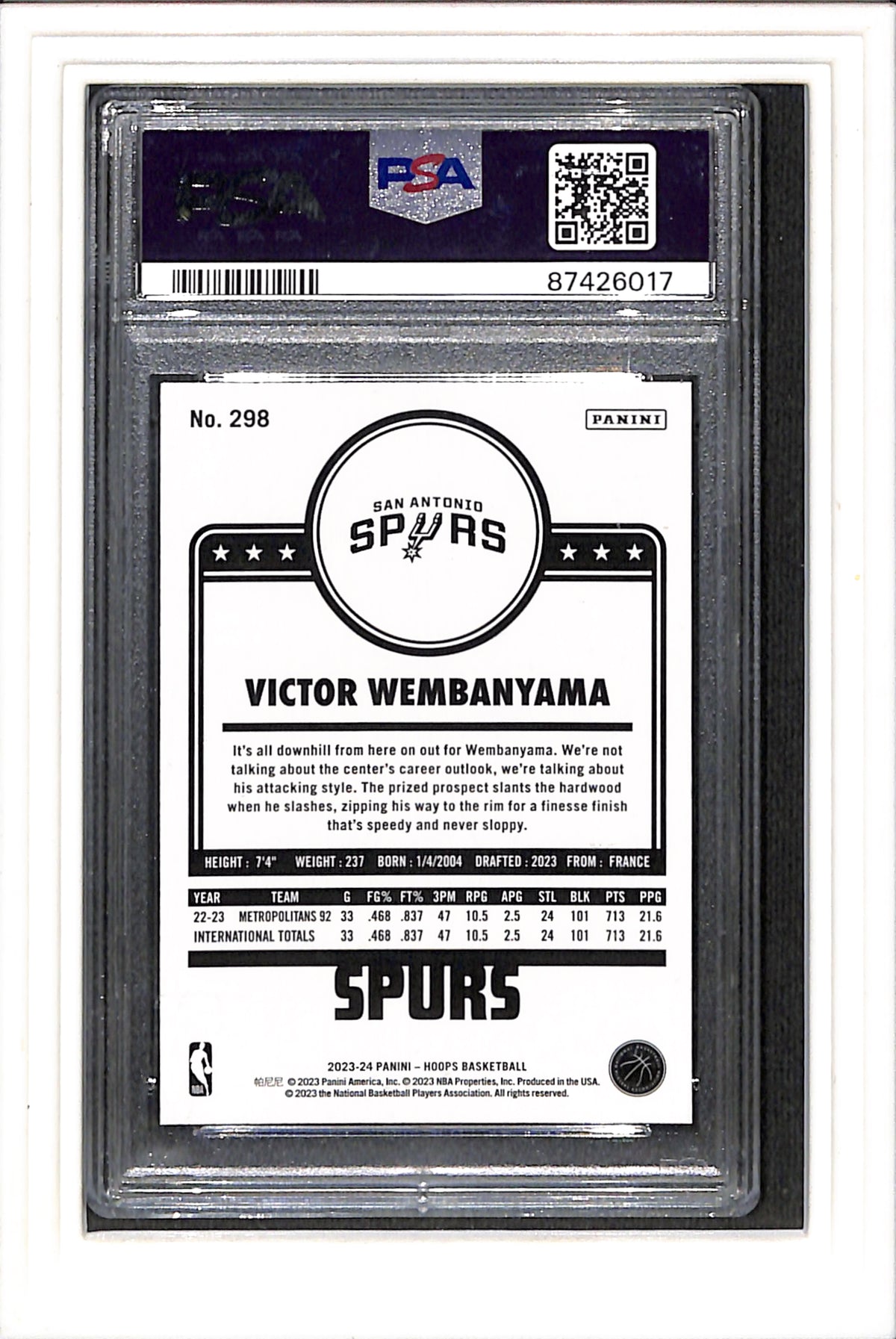 2023 Panini NBA Hoops #298 Victor Wembanyama PSA 9 SN 87426017