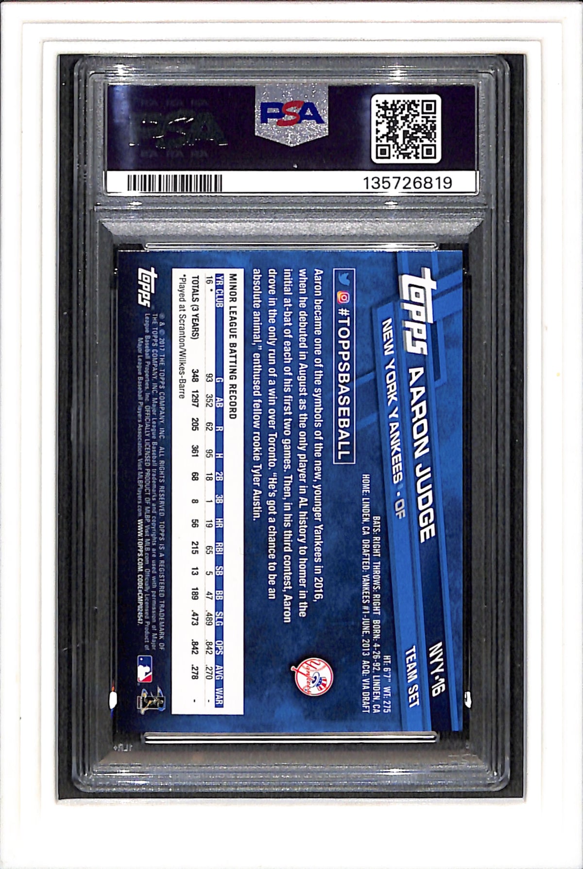 2017 Topps Aaron Judge NYY-16 New York Yankees PSA 9 SN 135726819