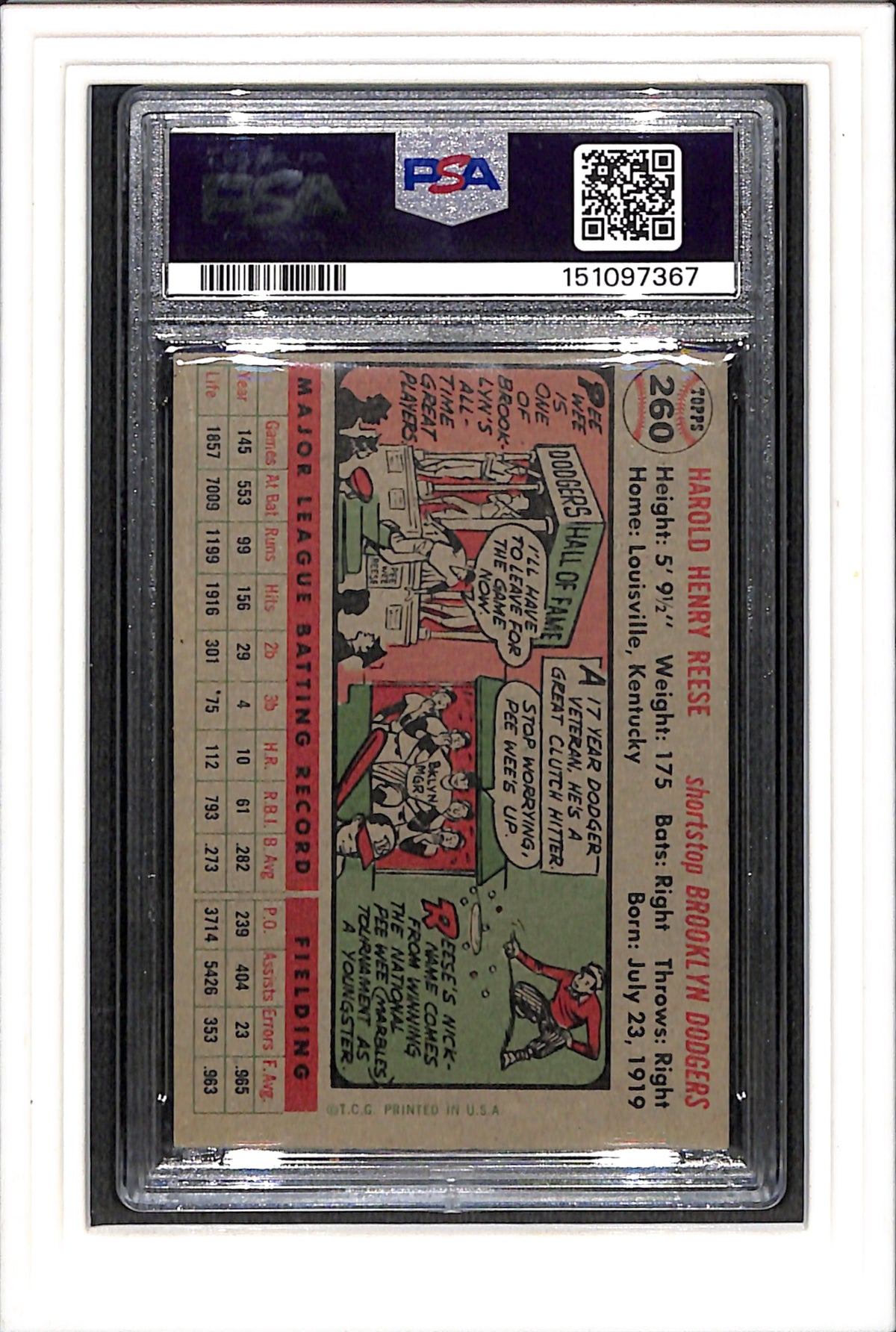 1956 Topps #260 Pee Wee Reese PSA 5.5 SN 151097367