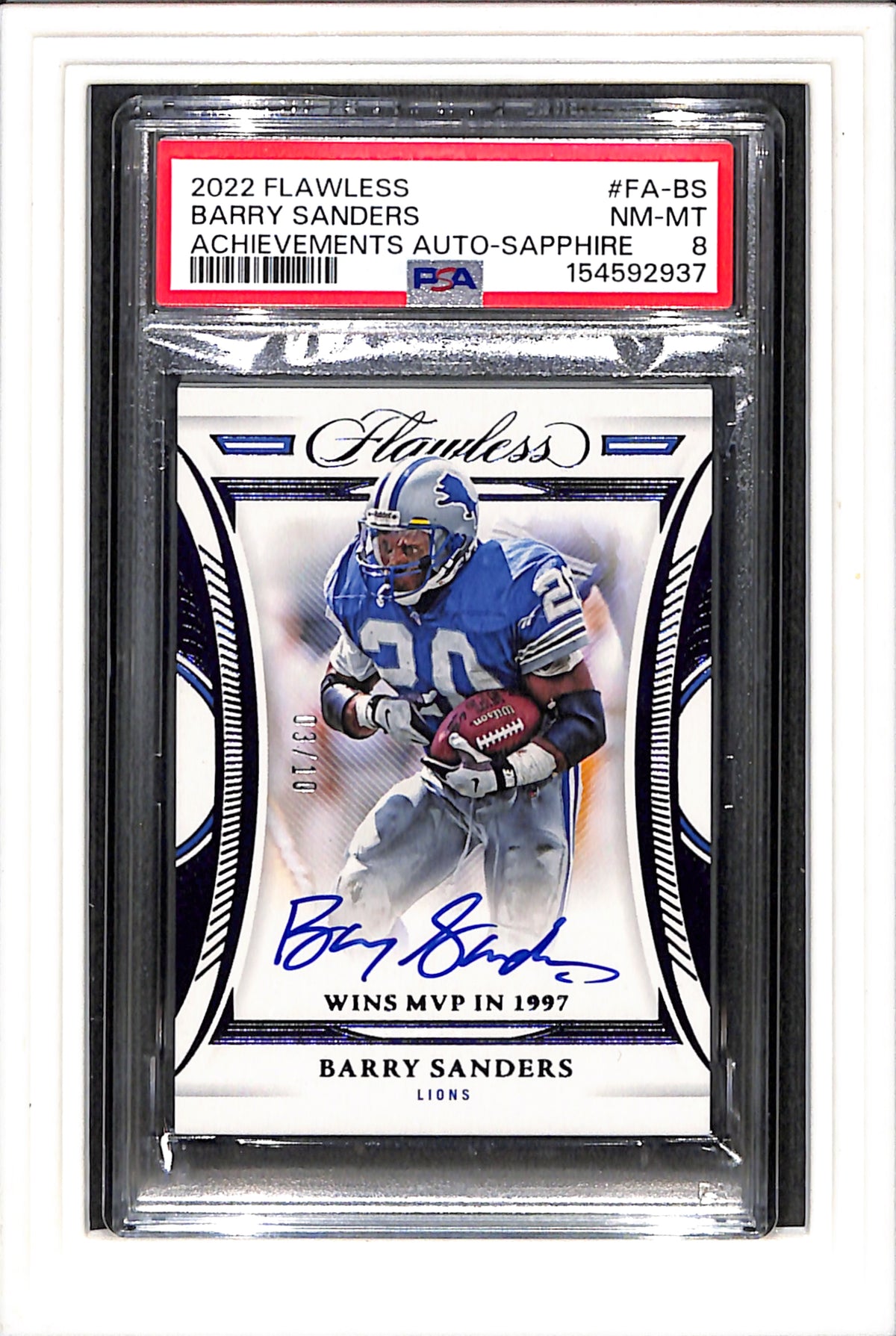 2022 Flawless Achievements Auto #FA-BS Barry Sanders Lions 3/10 PSA 8 SAPPHIRE