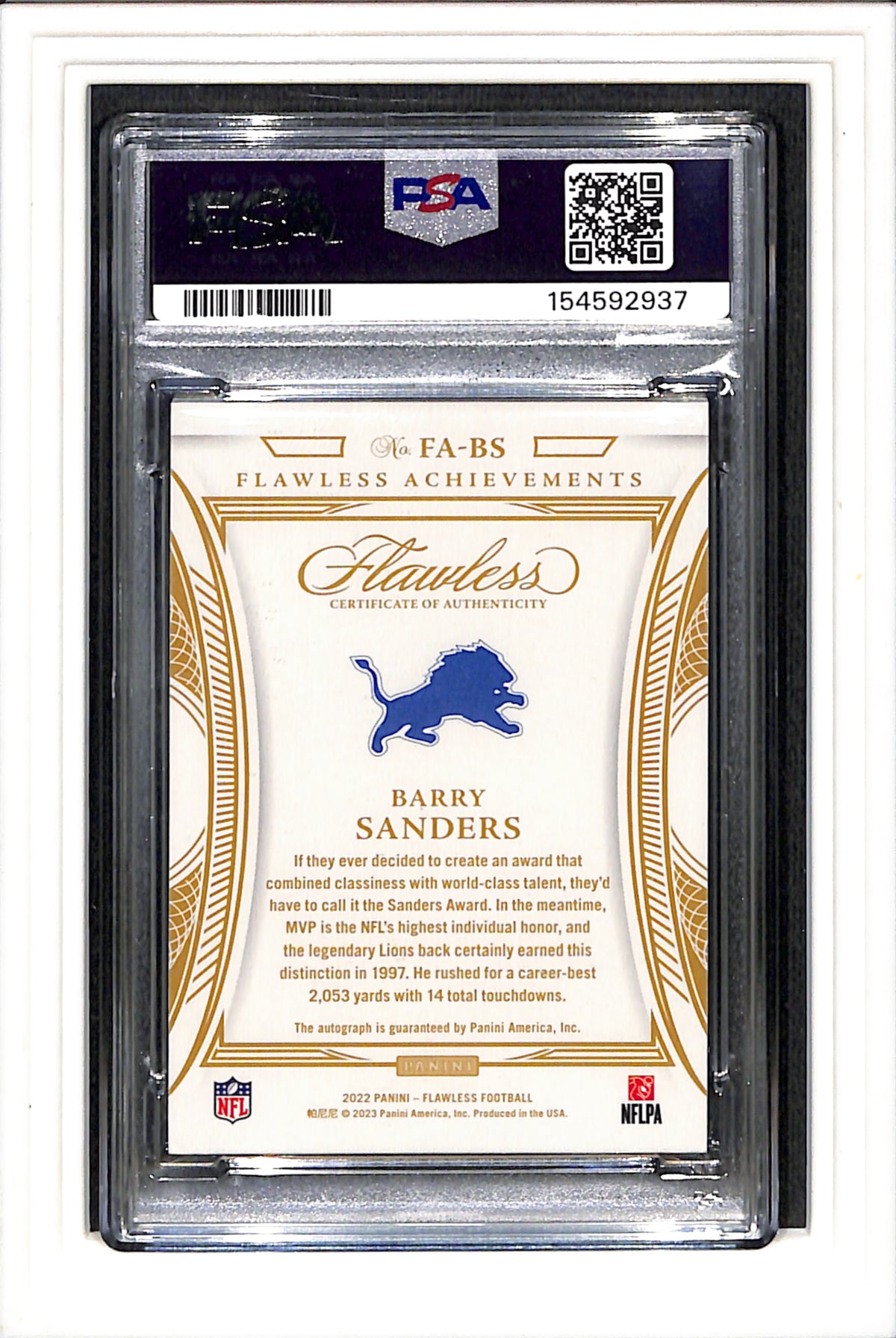 2022 Flawless Achievements Auto #FA-BS Barry Sanders Lions 3/10 PSA 8 SAPPHIRE