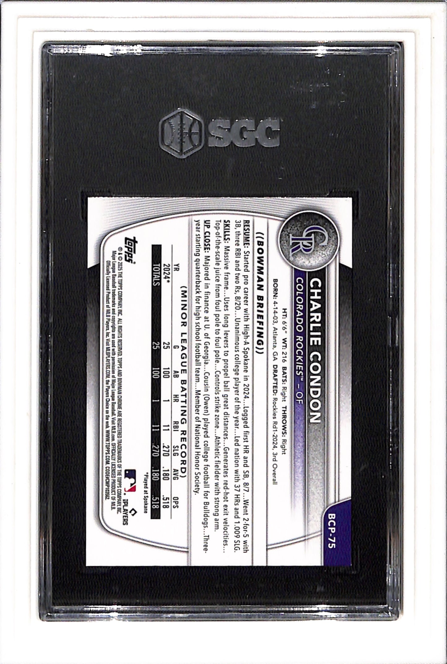 2025 Bowman Charlie Condon Chrome Mega Box Refractor 1st Prospect BCP-75 SGC 9