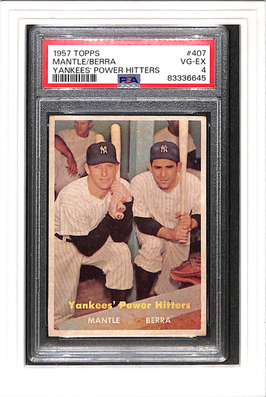 1957 Topps #407 Mantle Berra Yankees Power PSA 4 SN 83336645