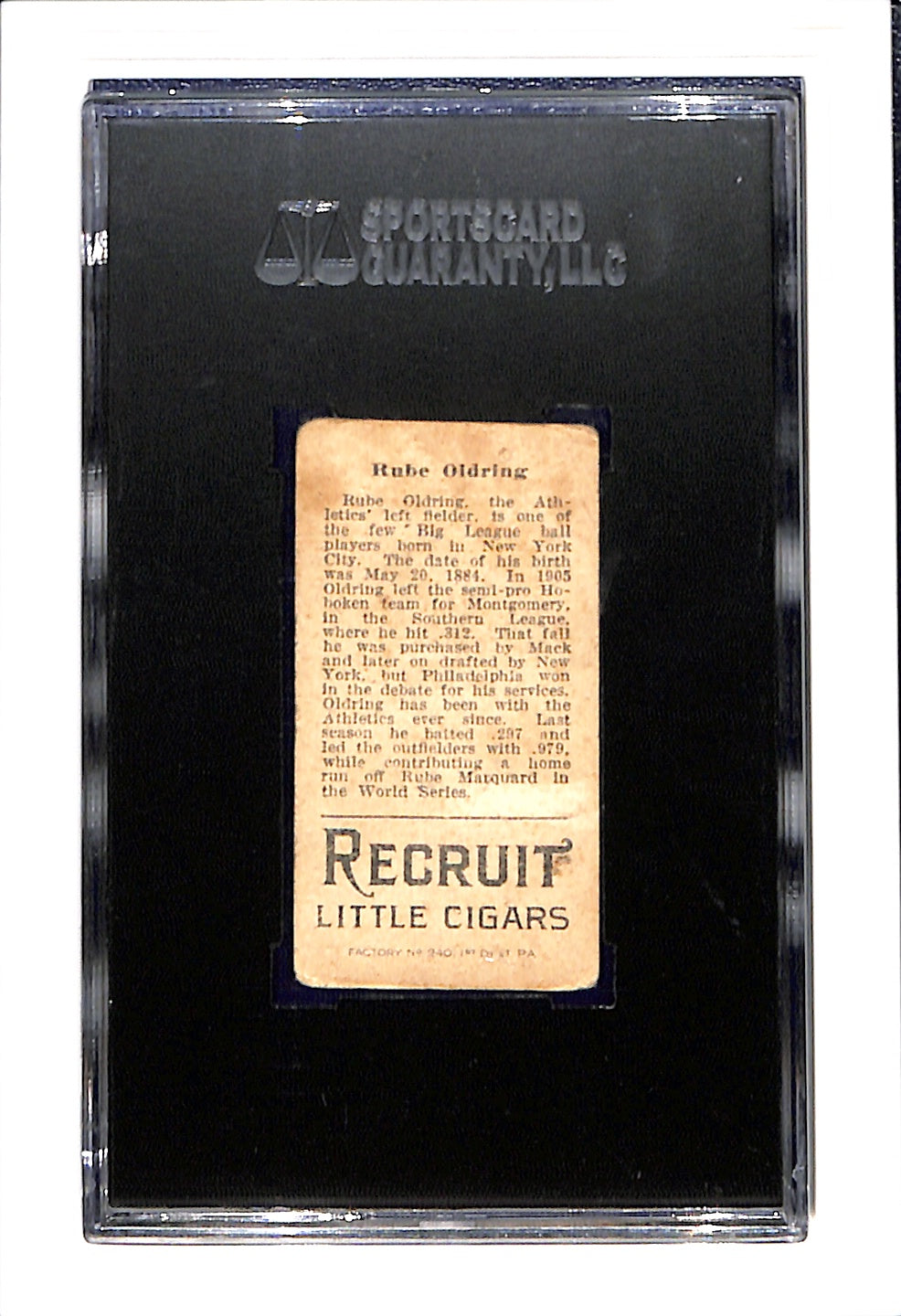1912 T207 Recruit Little Cigars Rube Oldring SGC 2
