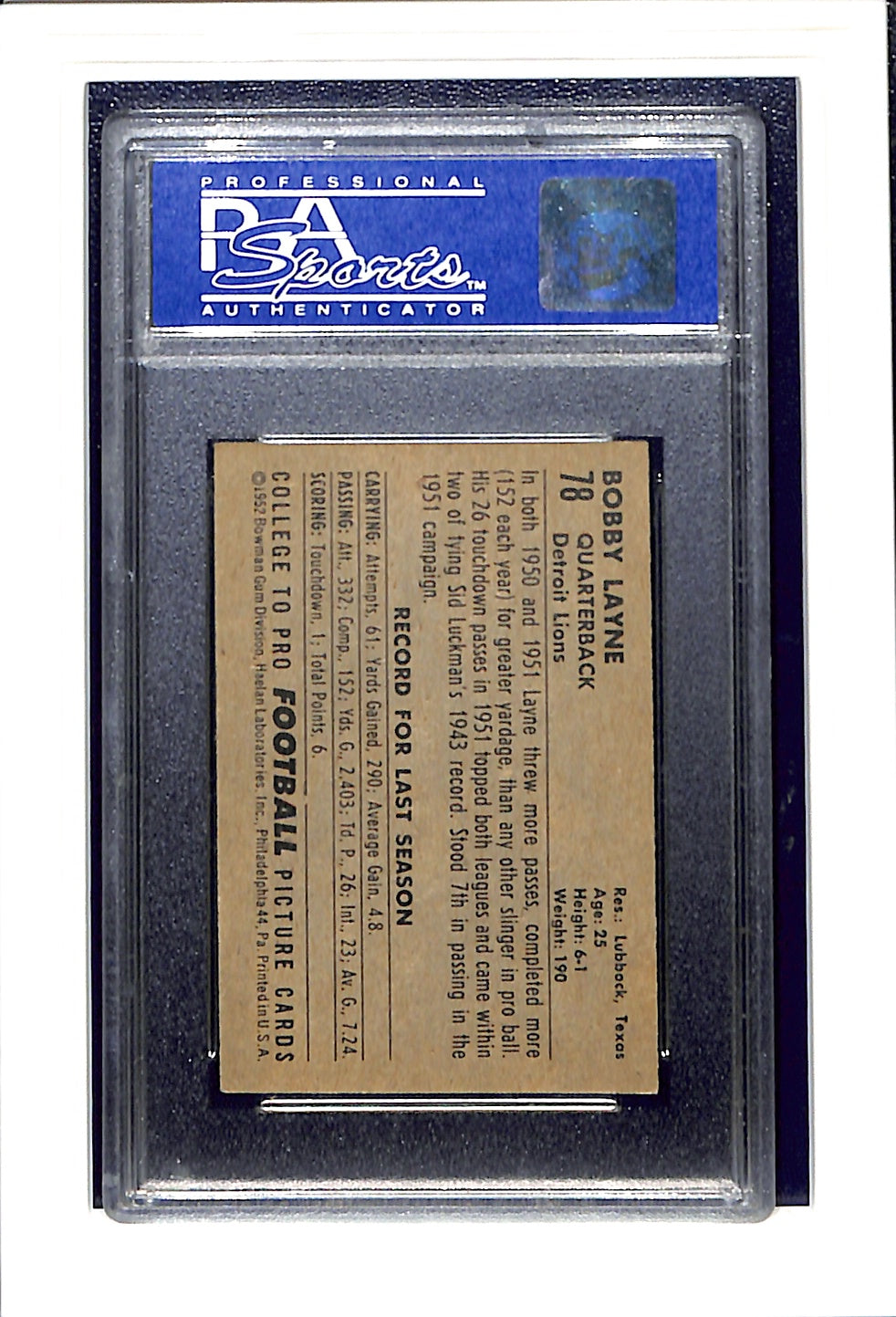 1952 Bowman Small #78 Bobby Layne PSA 7