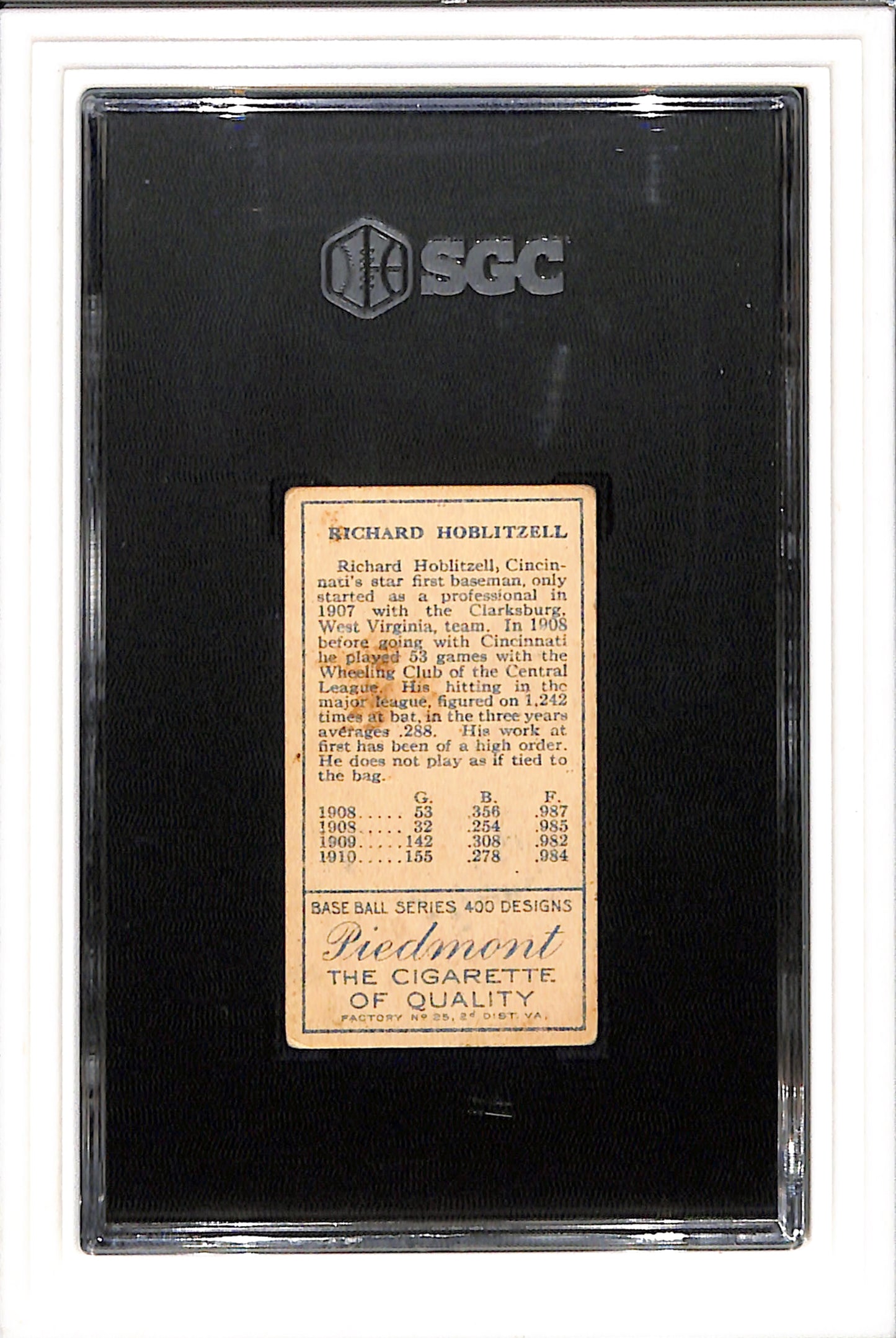 1911 T205 Richard Hoblitzell Correct, NO "CIN" SGC 3 Piedmont SN 8980796