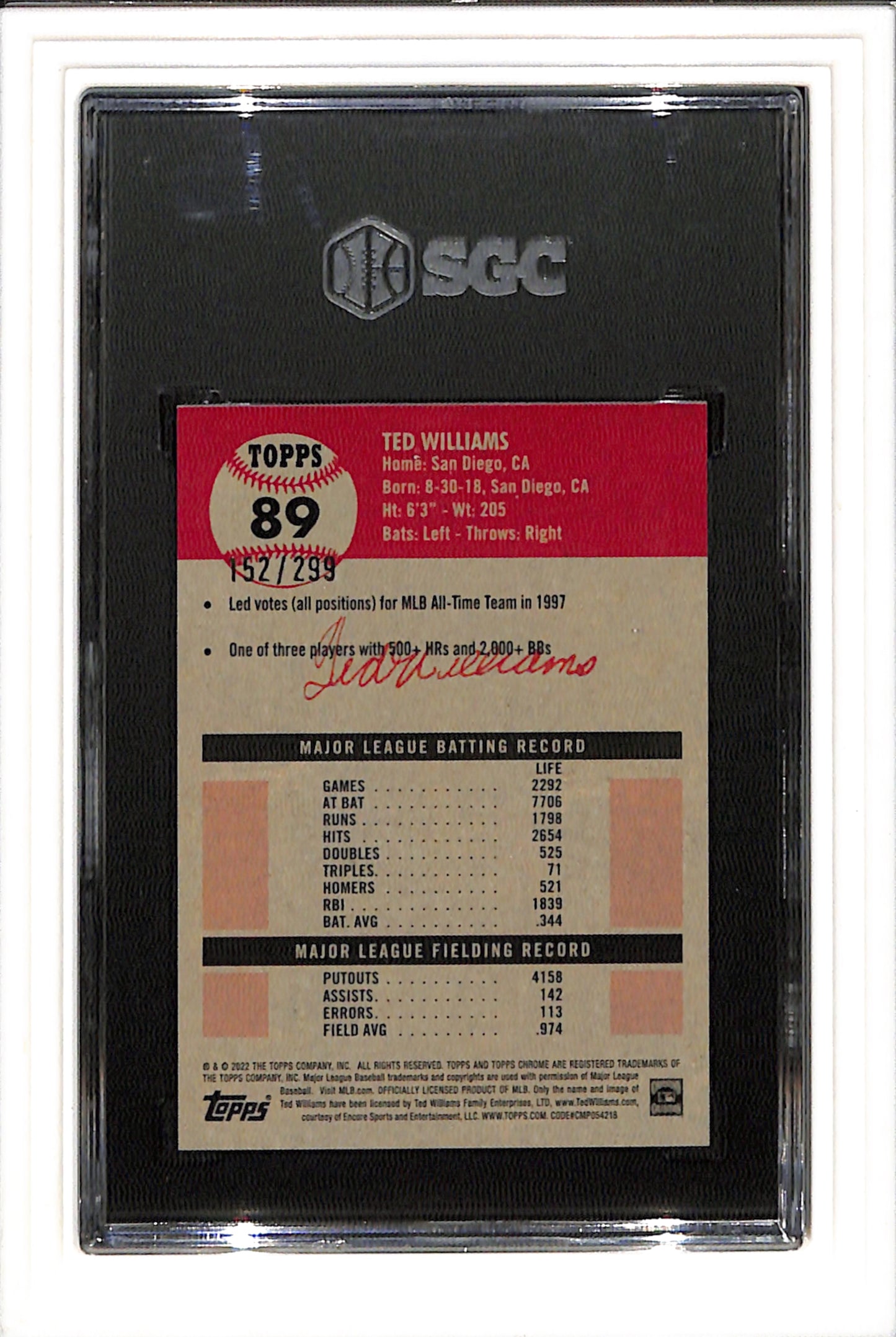 2022 Topps Chrome Platinum Anniversary #89 Ted Williams SGC 10 Aqua Lava REF 152/299