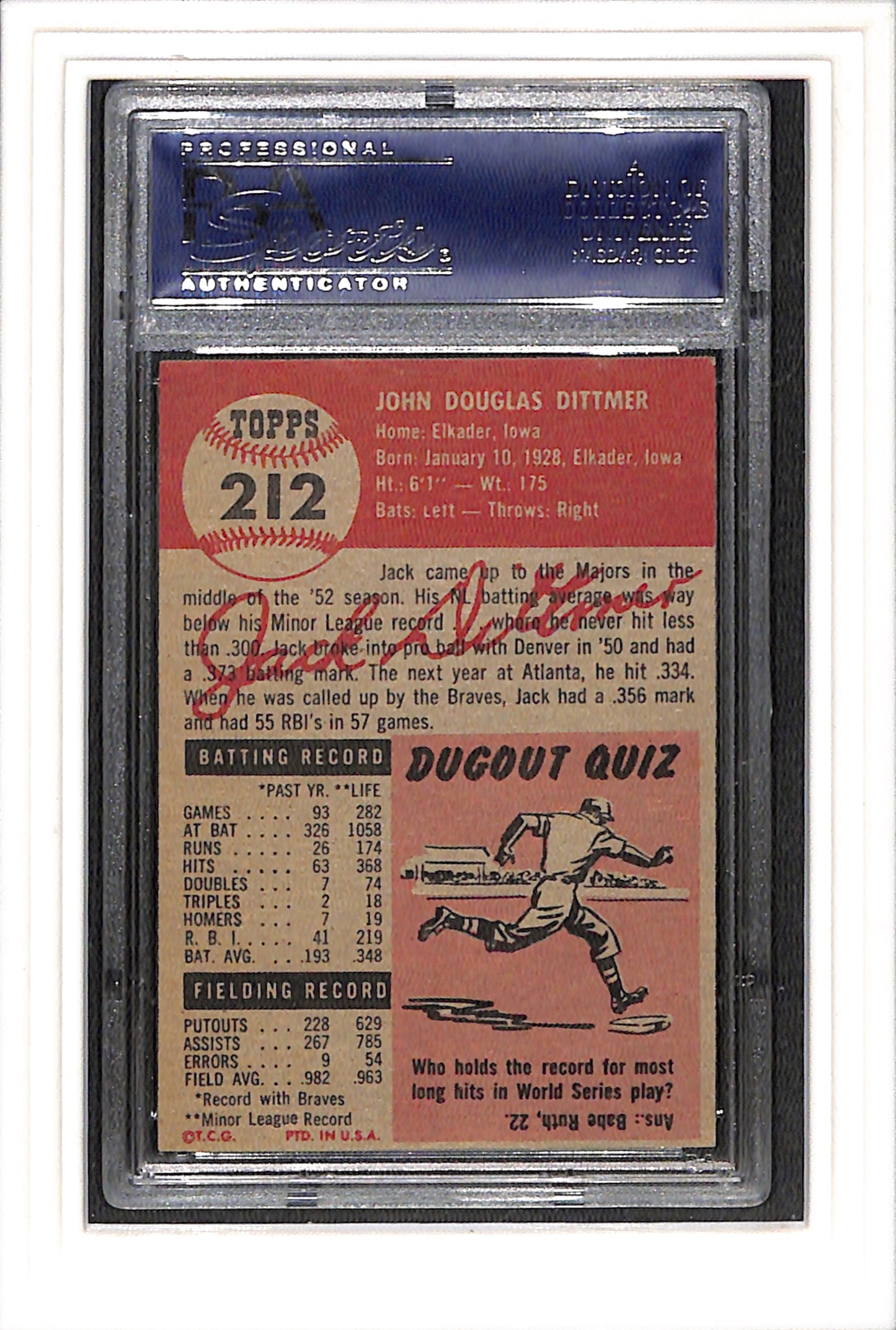 1953 Topps #212 Jack Dittmer - Milwaukee Braves RC PSA 6 SN 18723303