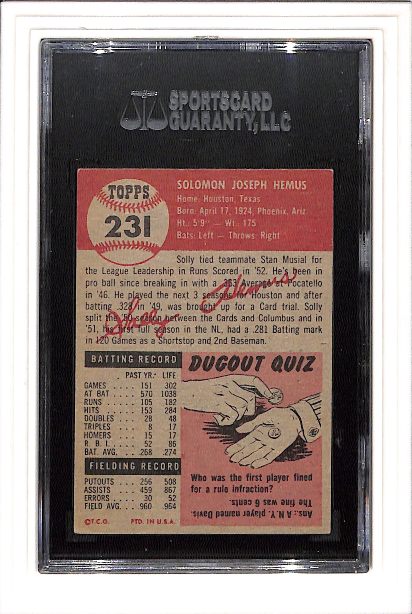 1953 Topps #231 Solly Hemus - St. Louis Cardinals DP SGC 5 HI #