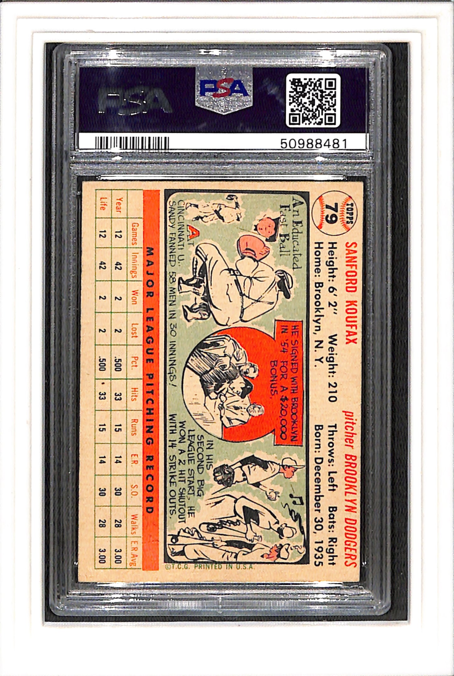 1956 Topps #79 Sandy Koufax - Brooklyn Dodgers PSA 6 SN 50988481