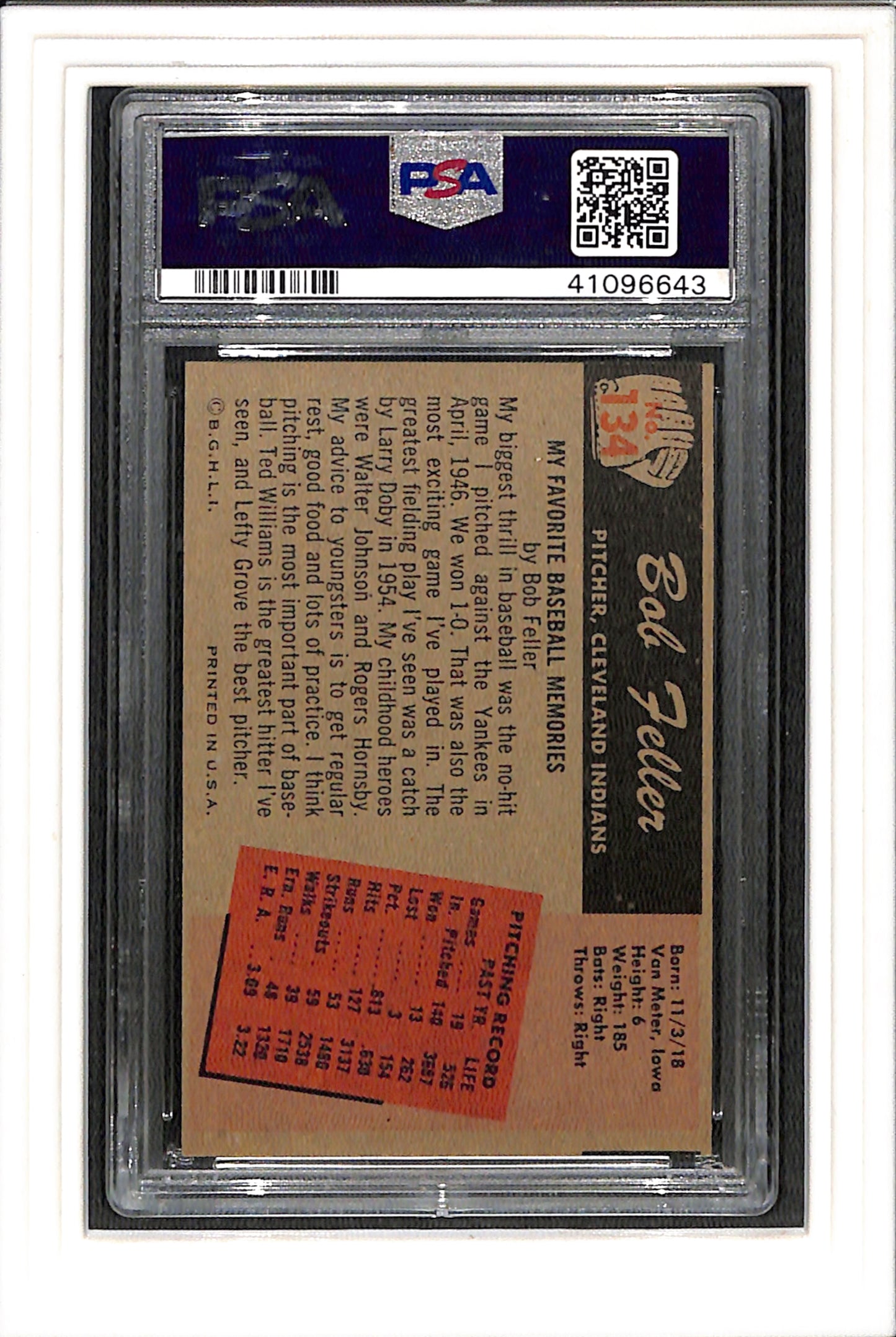 1955 Bowman #134 Bob Feller PSA 6 SN 41096643